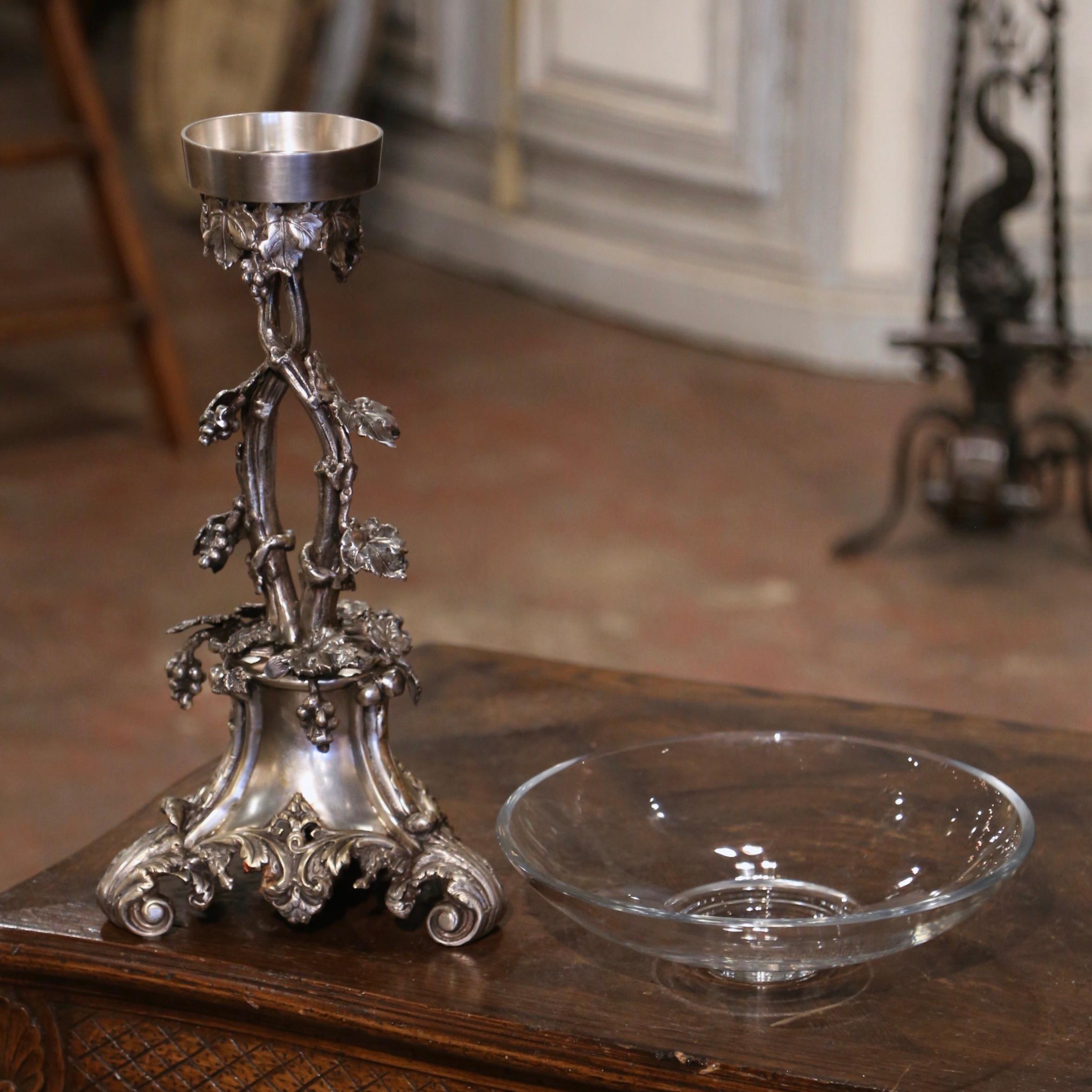 20th Century Mid-Century French Silvered Bronze Surtout de Table Centerpiece with Glass Bowl For Sale