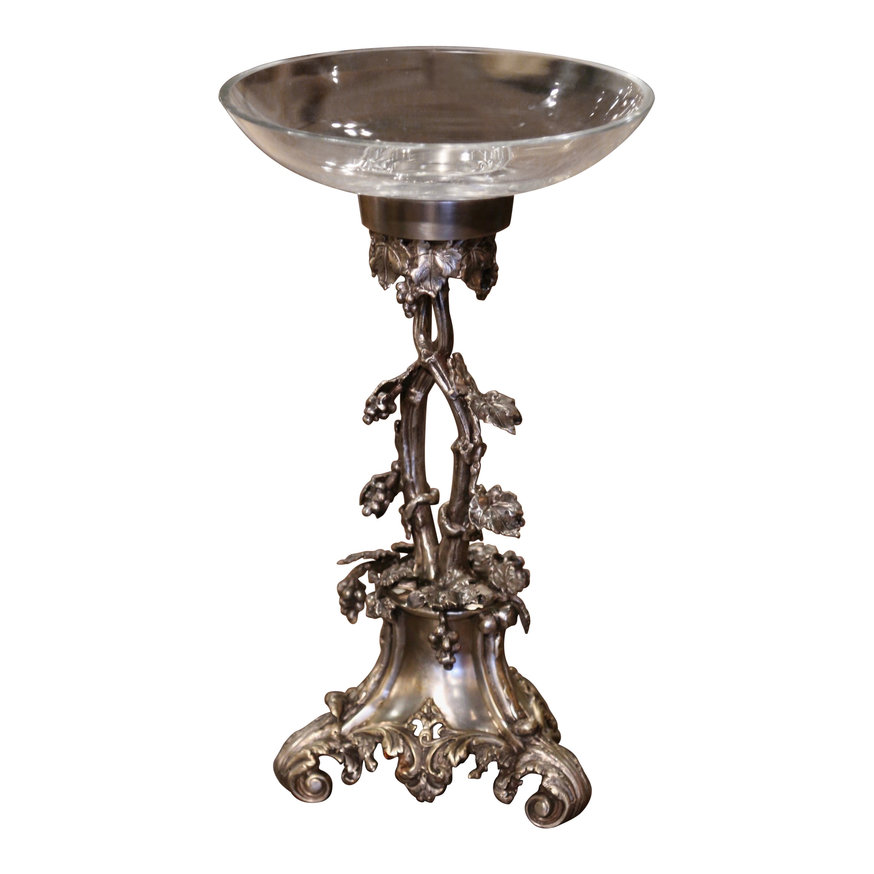 Französischer Tafelaufsatz Surtout de aus versilberter Bronze mit Glasschale aus der Mitte des Jahrhunderts im Angebot