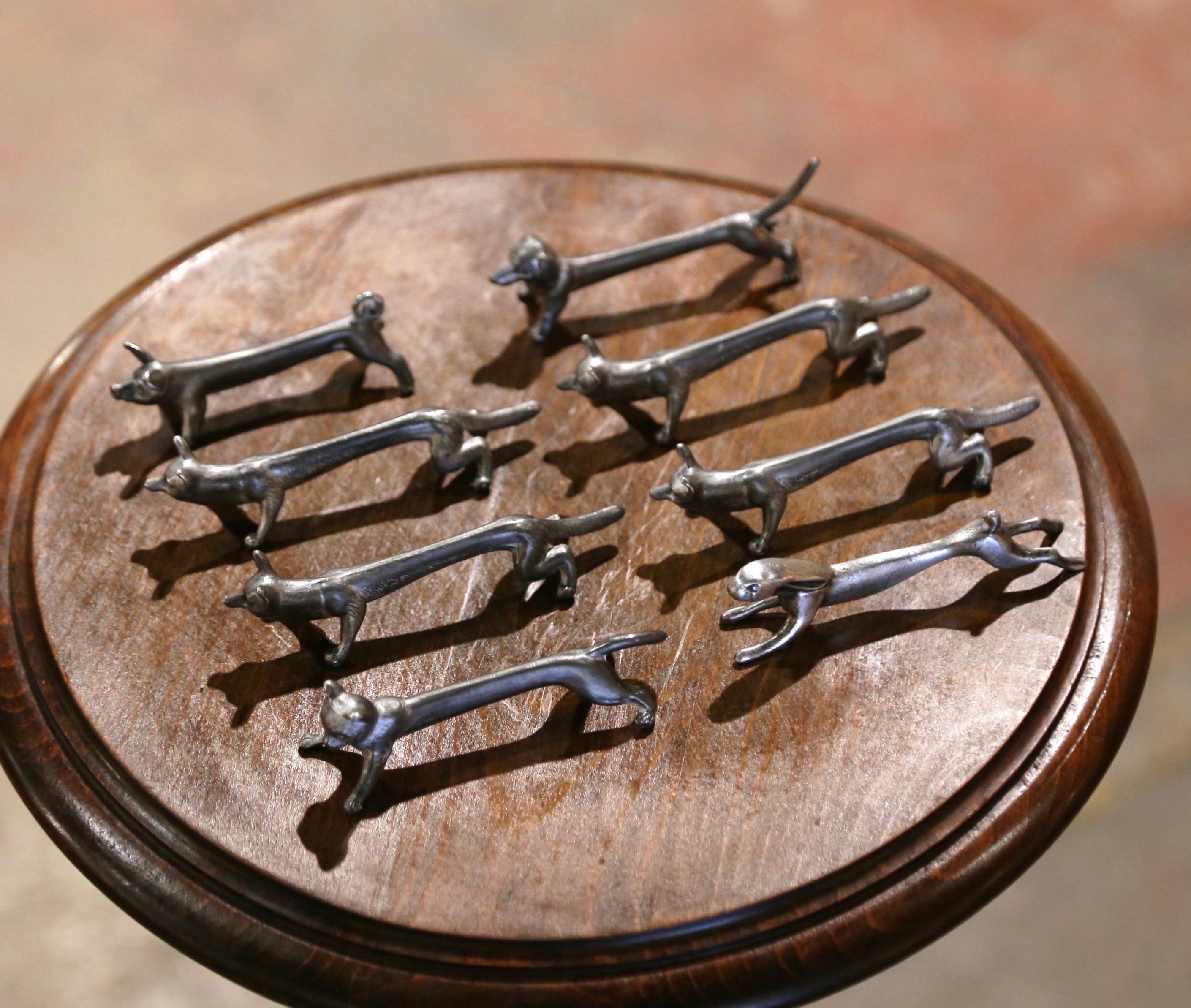 Mid-Century French Silvered Metal Animal Knife Rests - Set of 8 In Excellent Condition For Sale In Dallas, TX