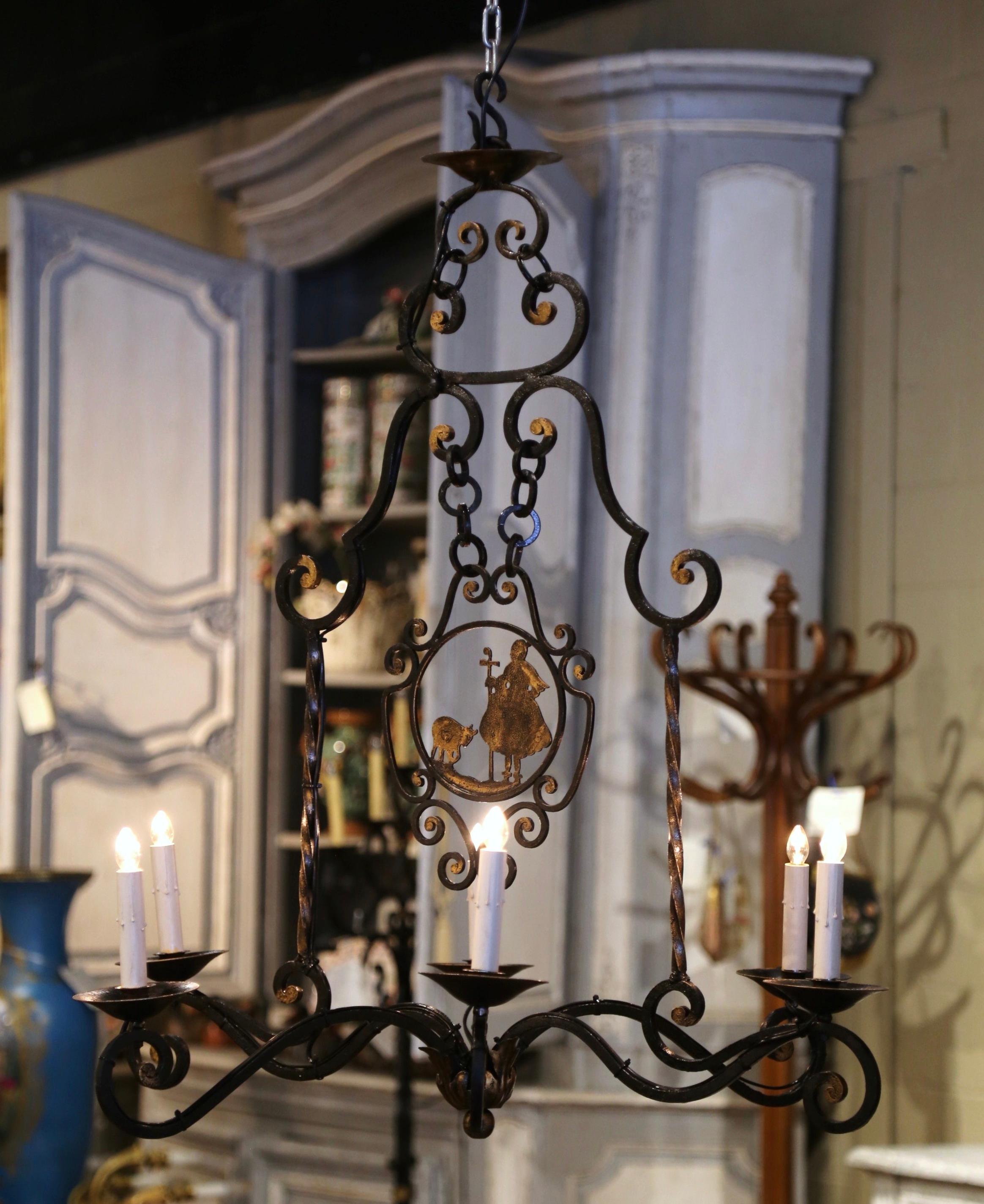 Mid-Century French Six-Light Iron Chandelier with Shepherdess and Sheep Decor 1