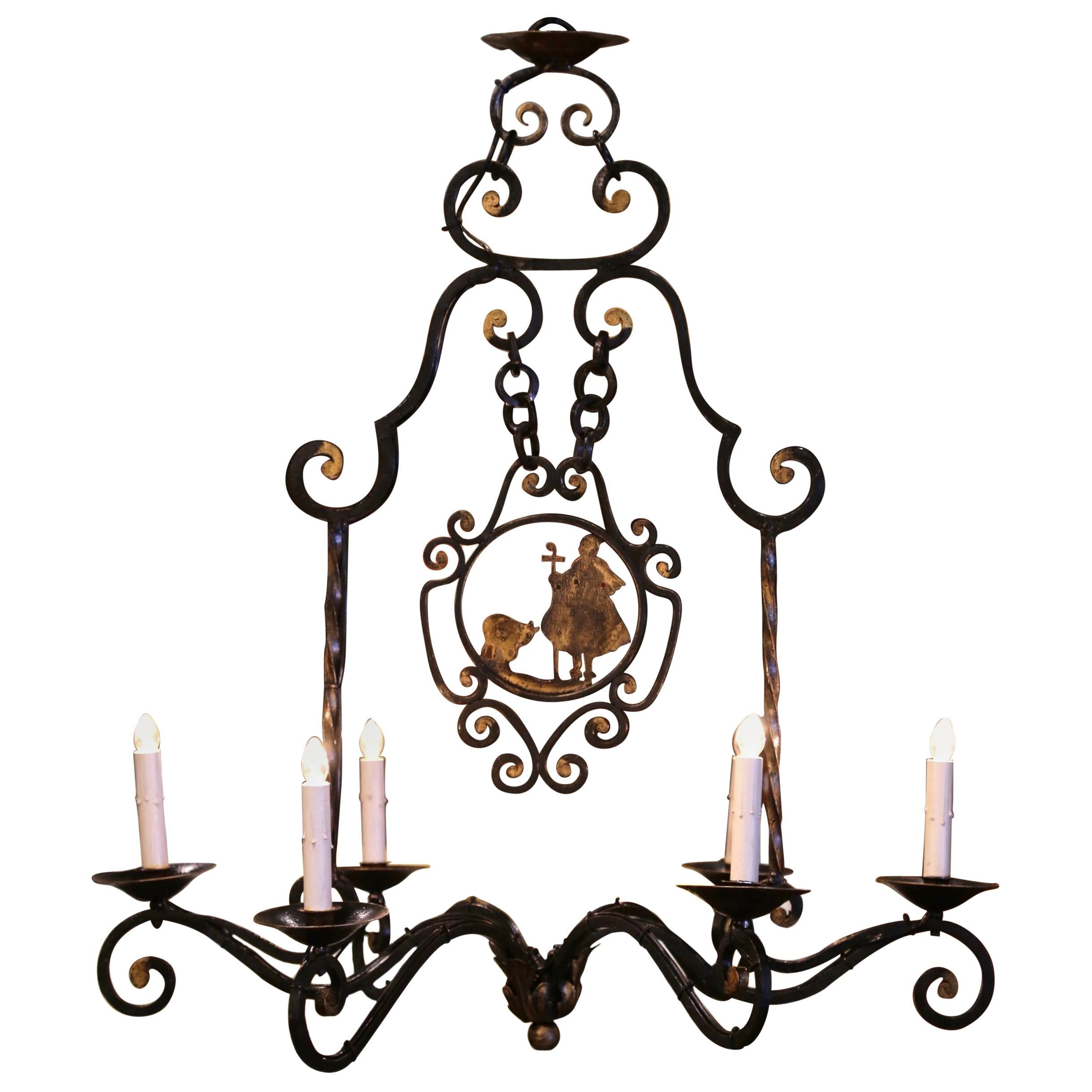 Mid-Century French Six-Light Iron Chandelier with Shepherdess and Sheep Decor