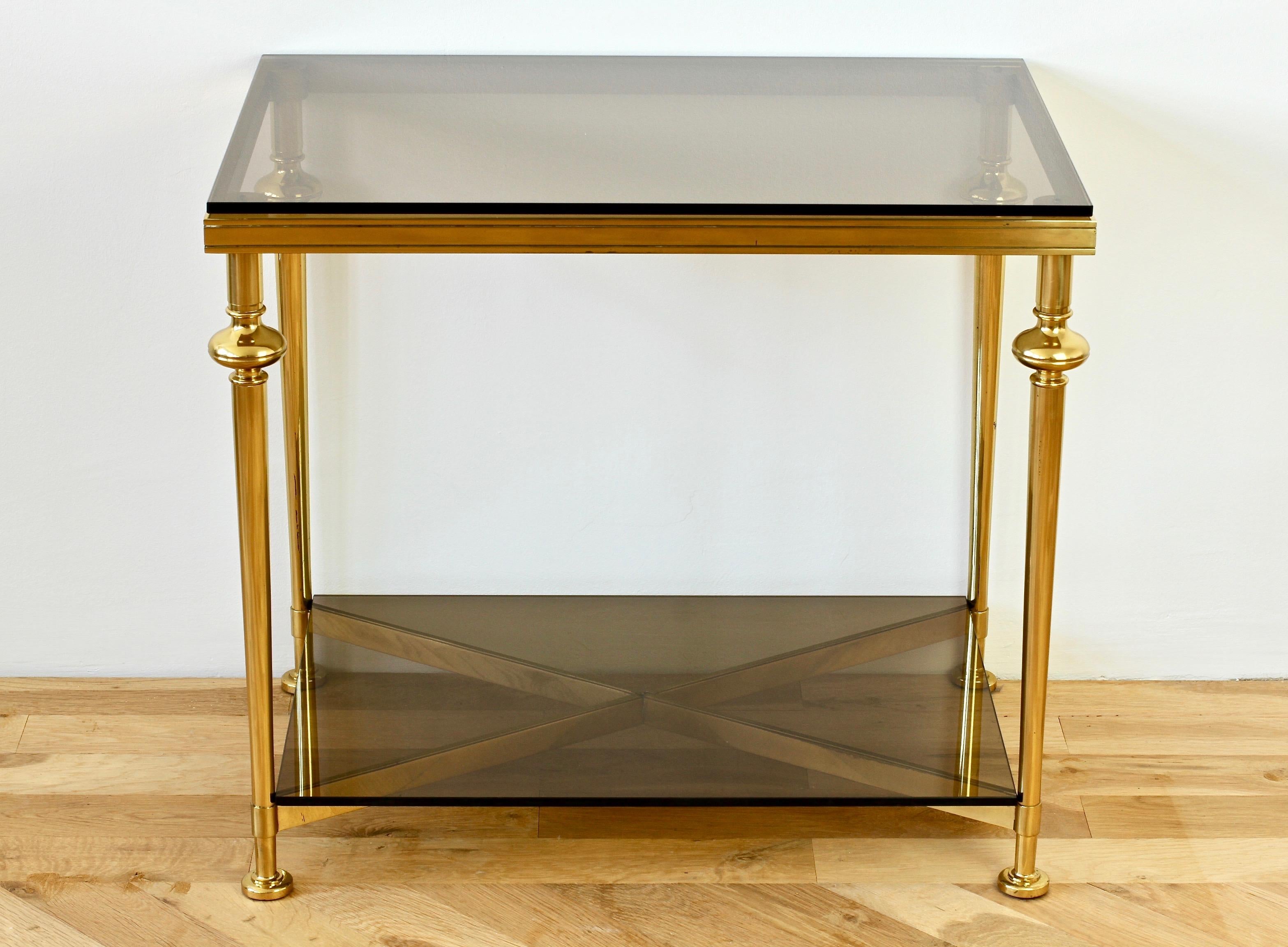 Smoked Glass Mid-Century French Solid Cast Brass Side / End Table 