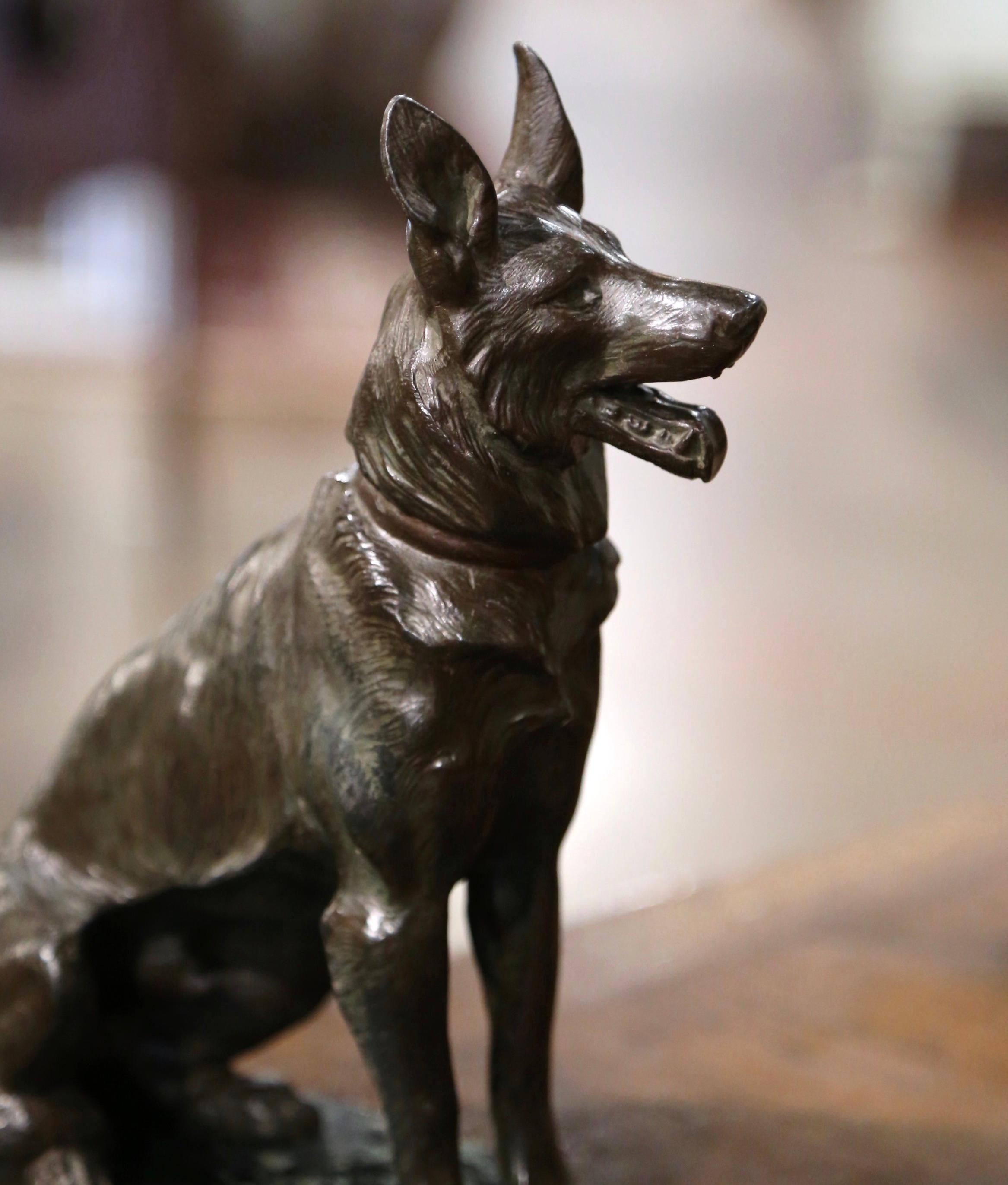 Hand-Crafted Mid-Century French Spelter German Shepherd Sculpture on Marble Base  For Sale