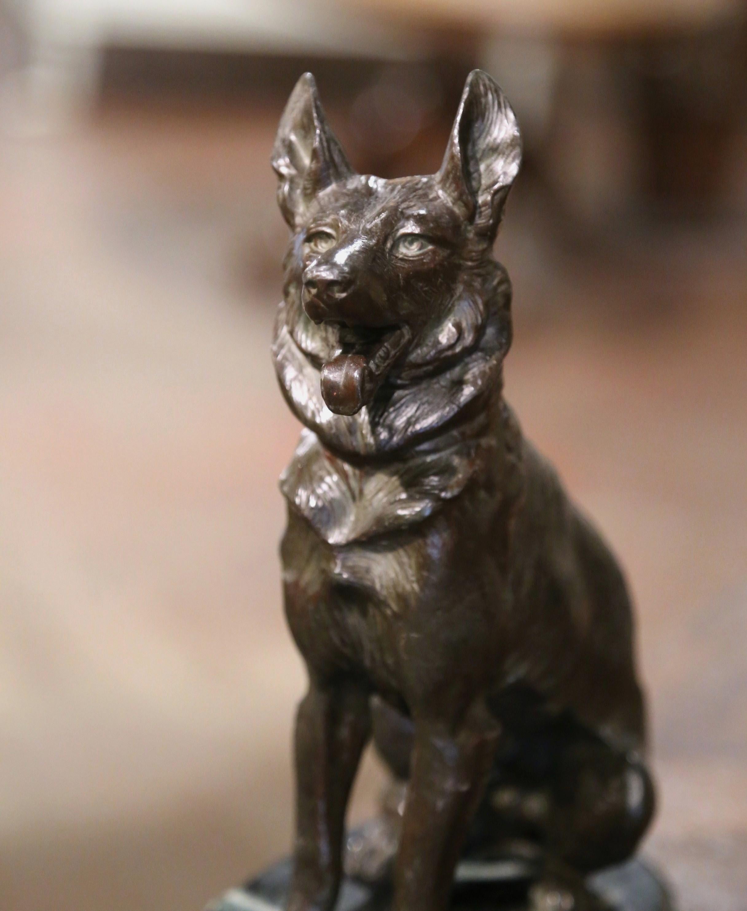 Mid-Century French Spelter German Shepherd Sculpture on Marble Base  In Excellent Condition For Sale In Dallas, TX