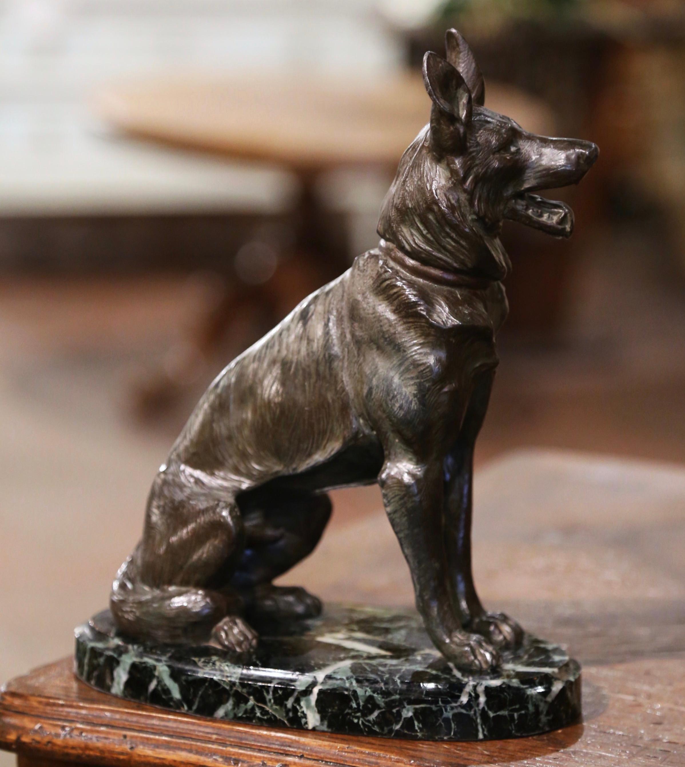20th Century Mid-Century French Spelter German Shepherd Sculpture on Marble Base  For Sale