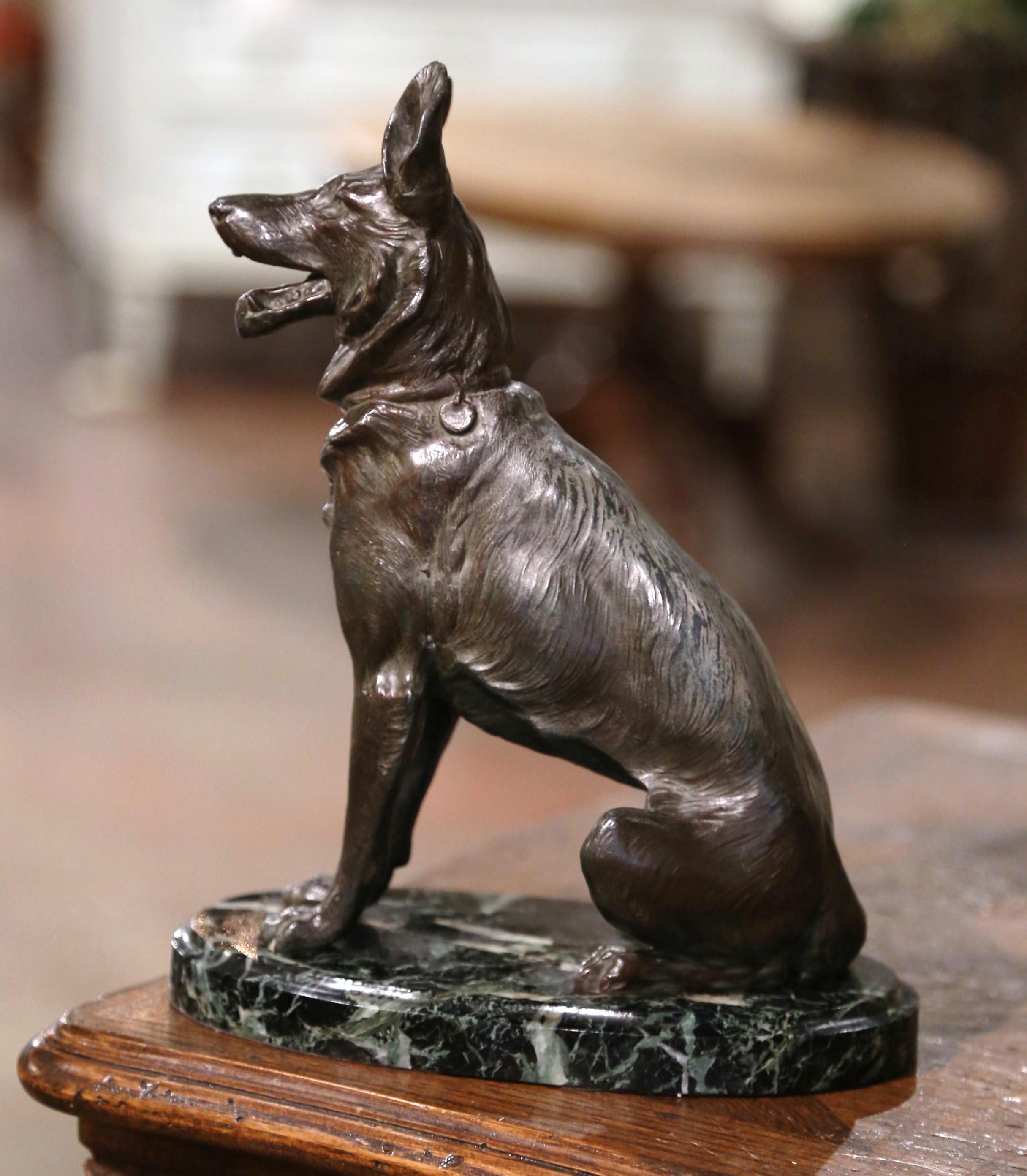 Mid-Century French Spelter German Shepherd Sculpture on Marble Base  For Sale 1
