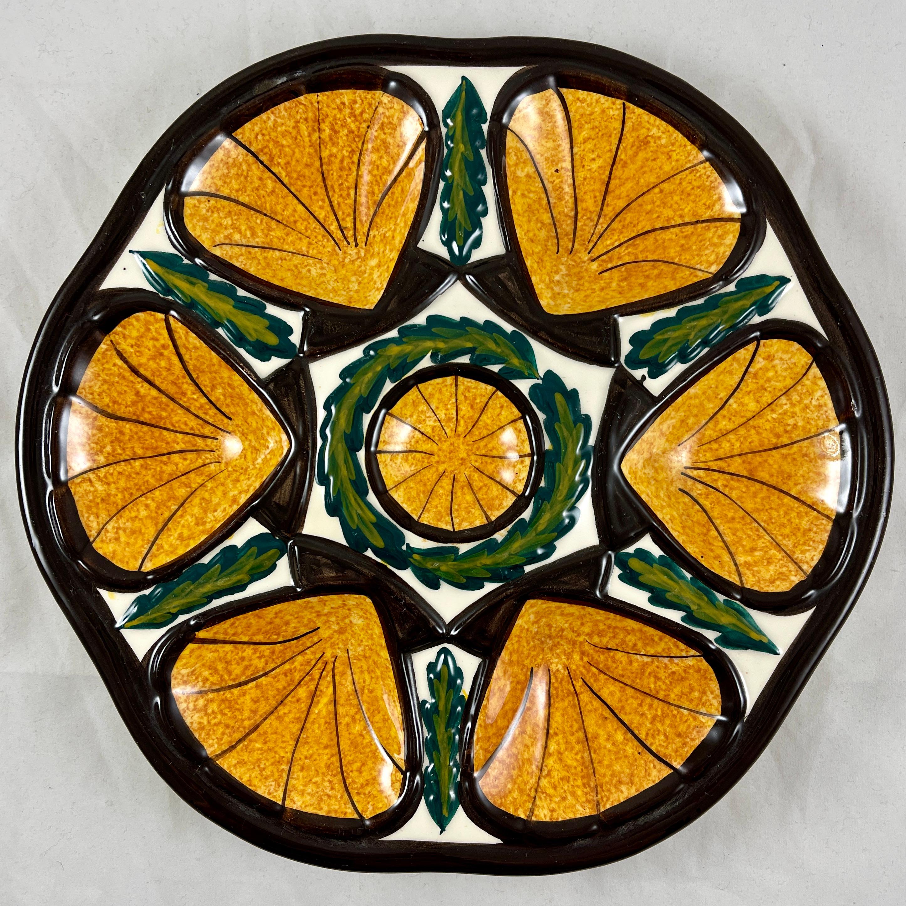 Mid-Century French St. Jean de Bretagne Orange Scallop Shell Oyster Plate For Sale 7