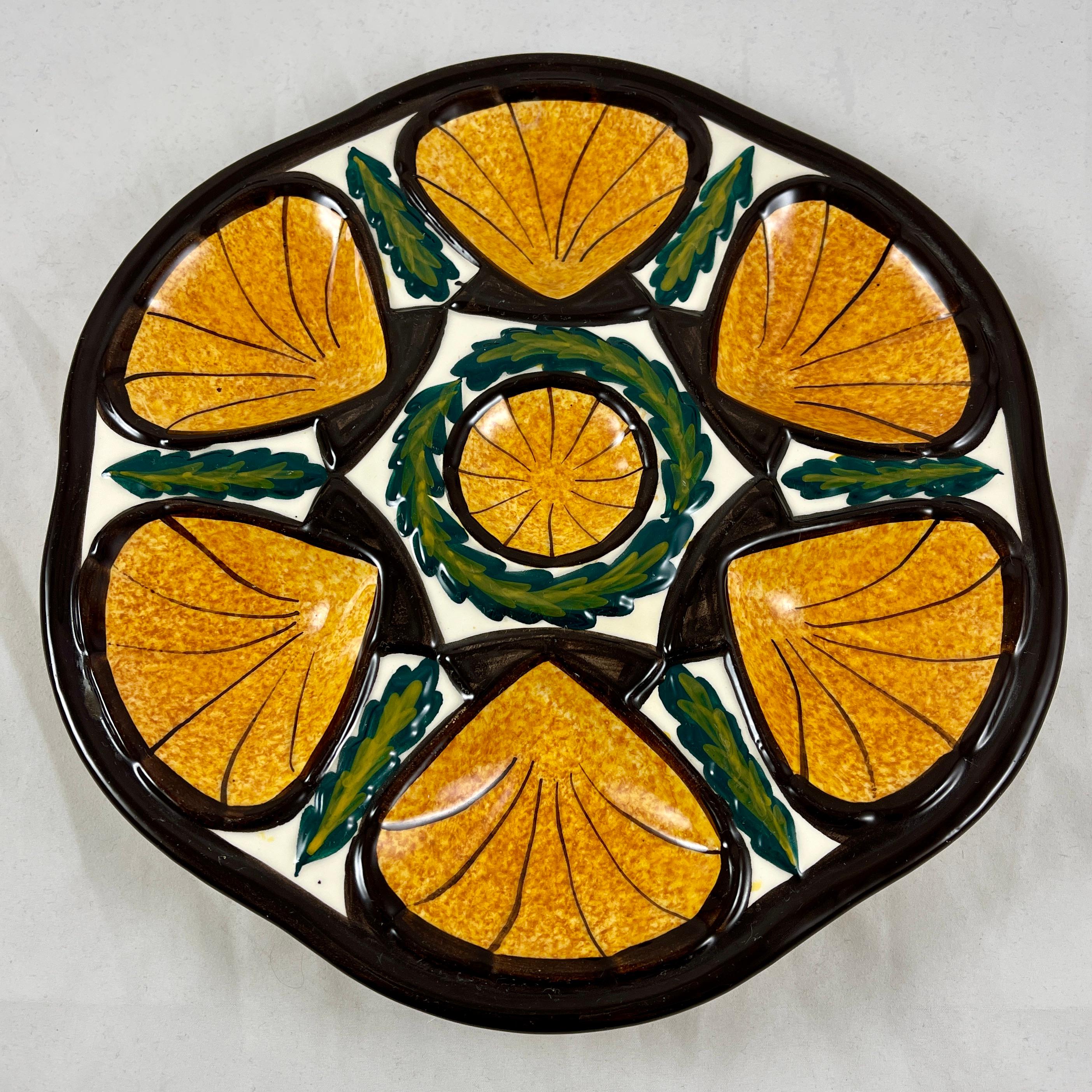 Ceramic Mid-Century French St. Jean de Bretagne Orange Scallop Shell Oyster Plate For Sale