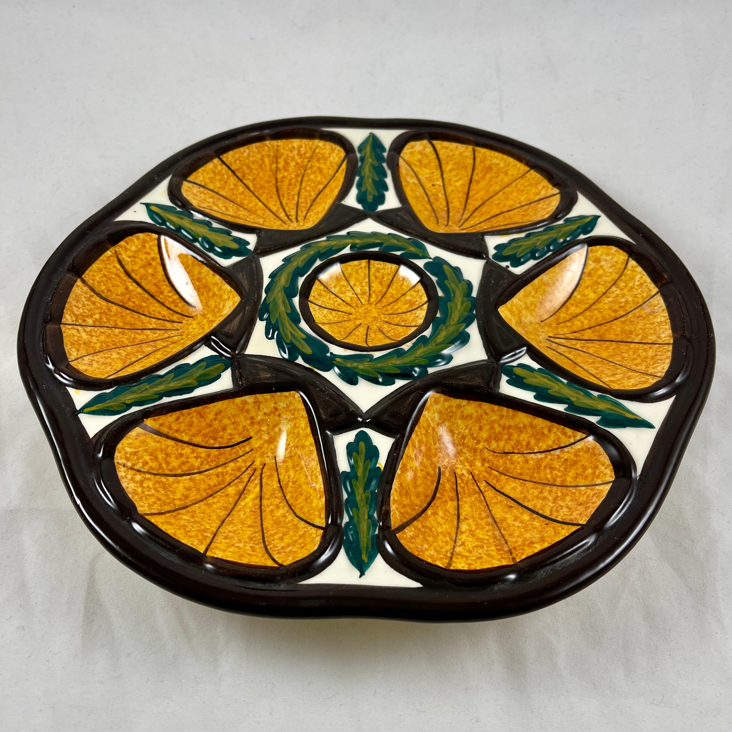 Mid-Century French St. Jean de Bretagne Orange Scallop Shell Oyster Plate For Sale 1
