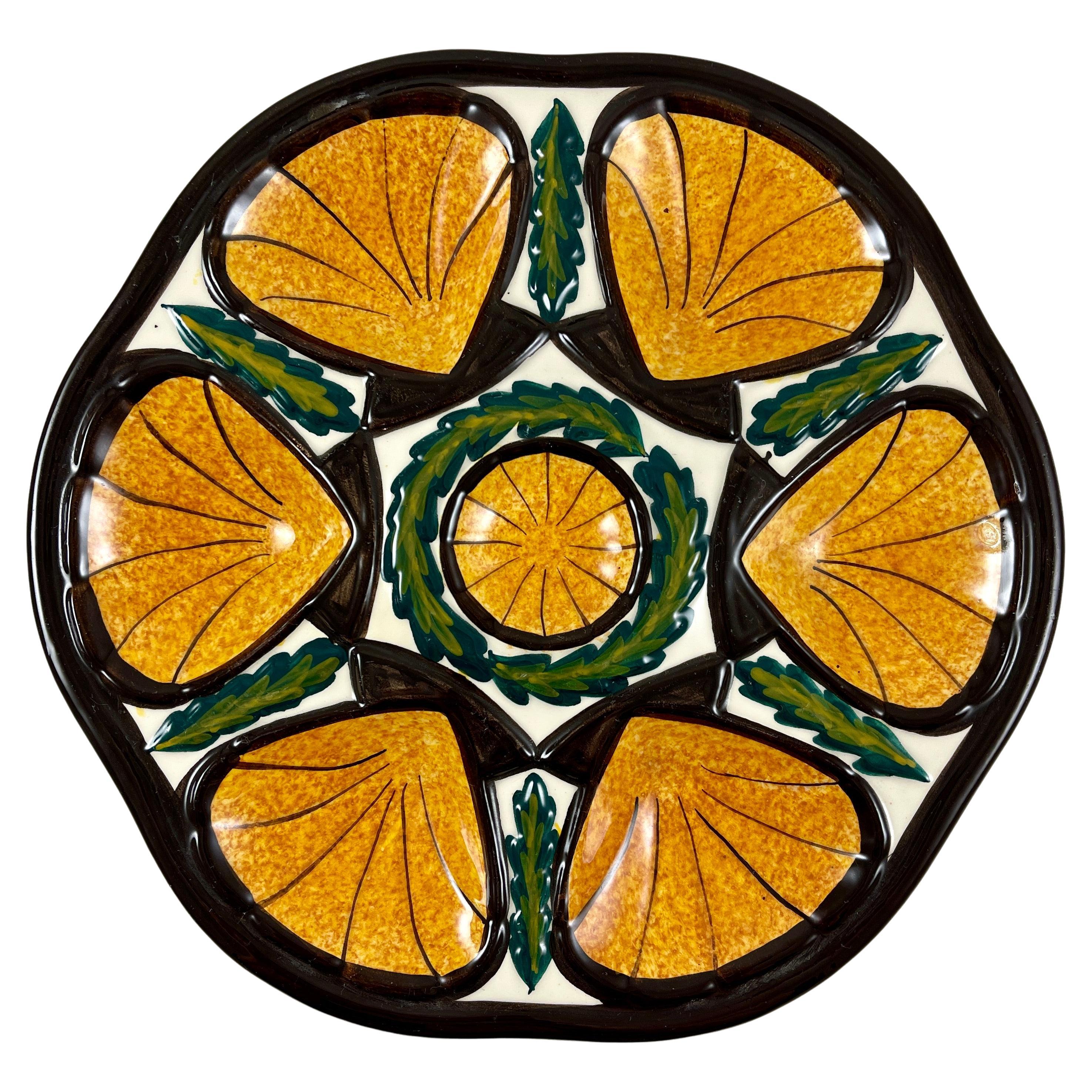 Mid-Century French St. Jean de Bretagne Orange Scallop Shell Oyster Plate For Sale