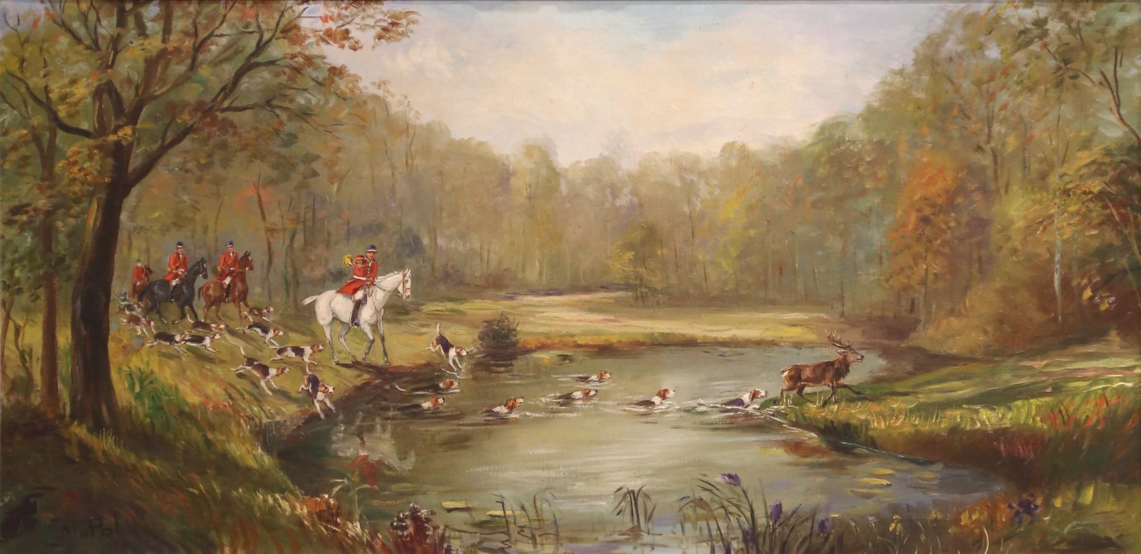 Mid-Century Französisch Hirschjagd Ölgemälde in geschnitzten Rahmen Signiert M. Pol (Vergoldet) im Angebot