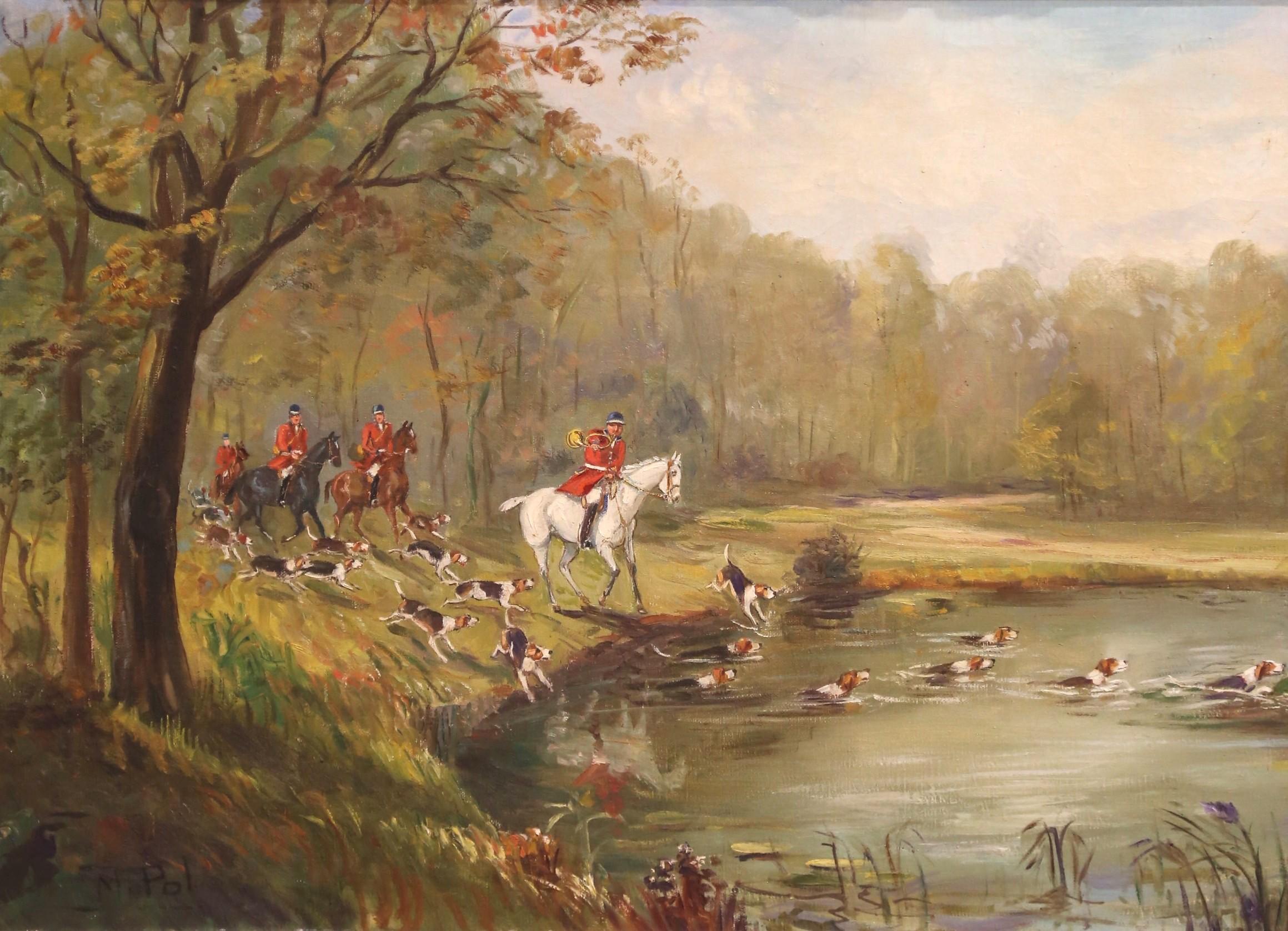 Mid-Century Französisch Hirschjagd Ölgemälde in geschnitzten Rahmen Signiert M. Pol (20. Jahrhundert) im Angebot