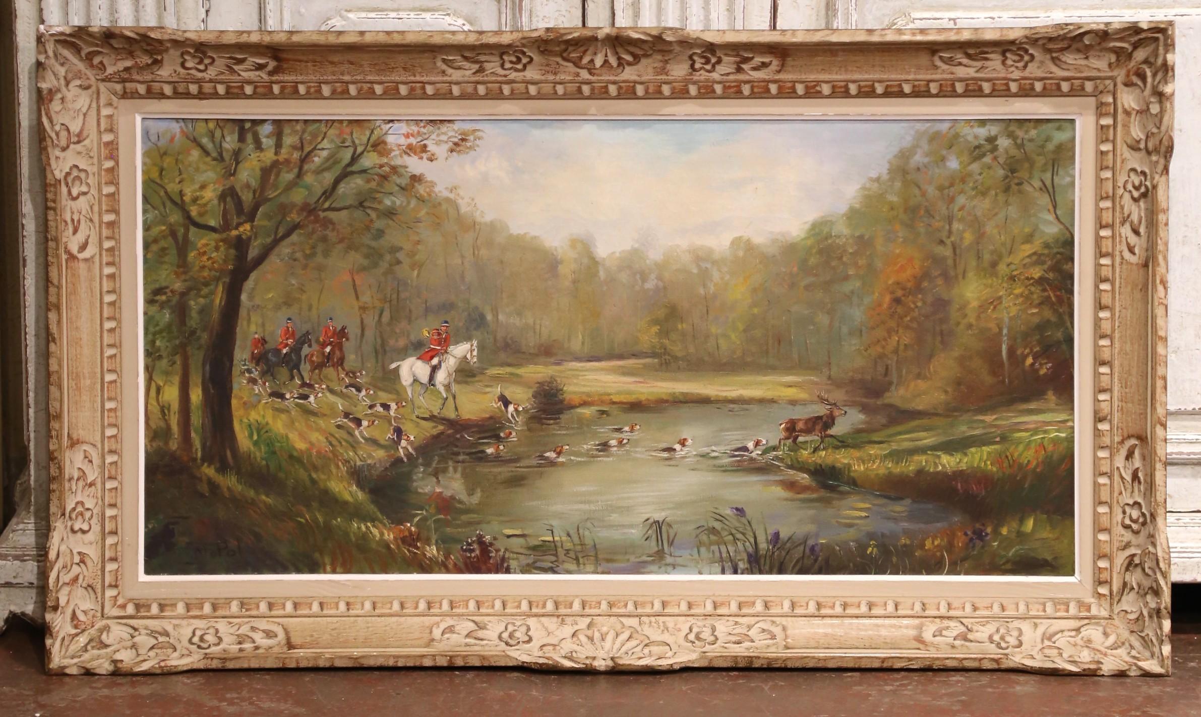 Mid-Century Französisch Hirschjagd Ölgemälde in geschnitzten Rahmen Signiert M. Pol (Leinwand) im Angebot