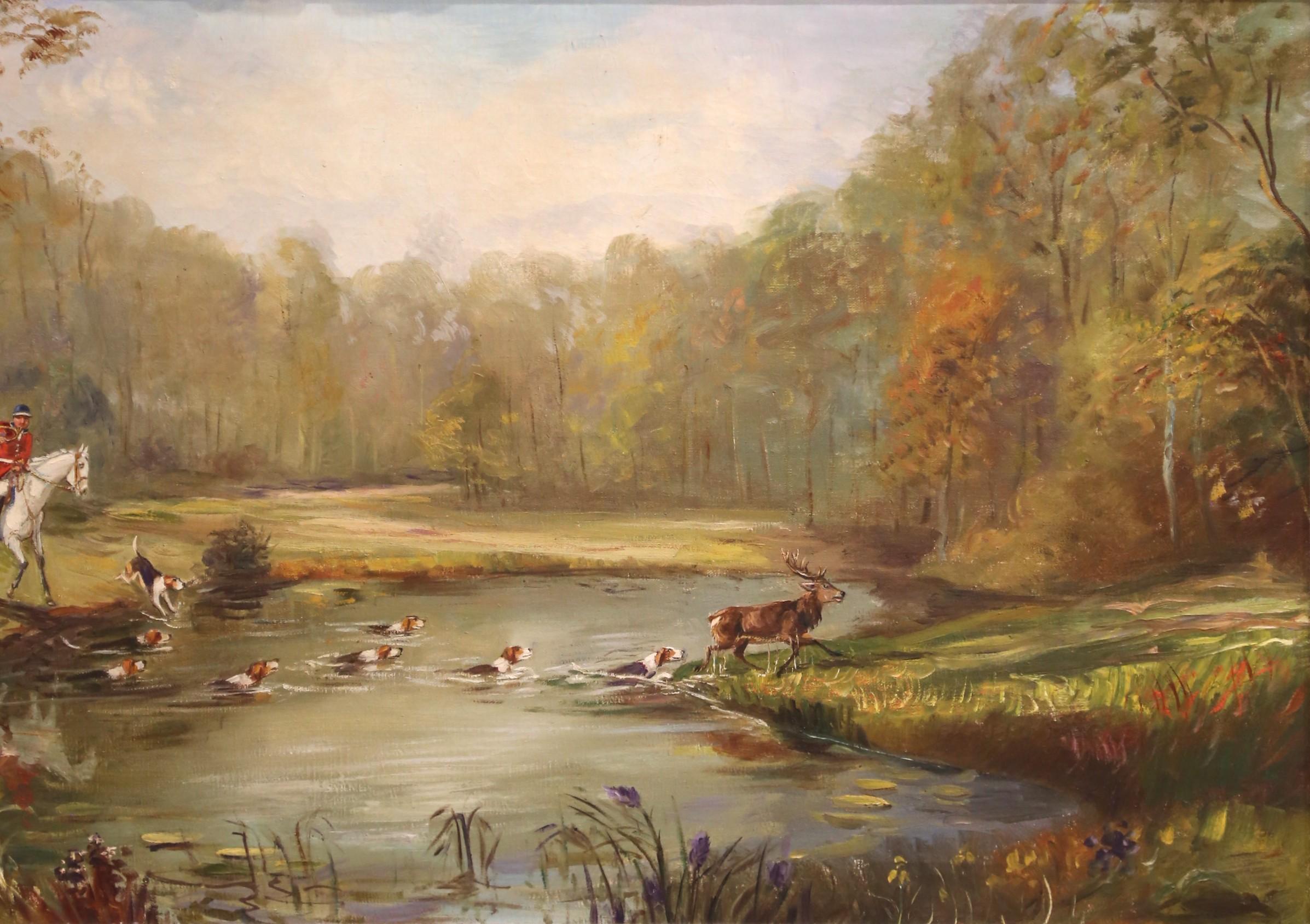Mid-Century Französisch Hirschjagd Ölgemälde in geschnitzten Rahmen Signiert M. Pol im Angebot 1