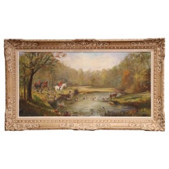 Mid-Century French Stag Hunt Oil Painting in Carved Frame Signed M. Pol