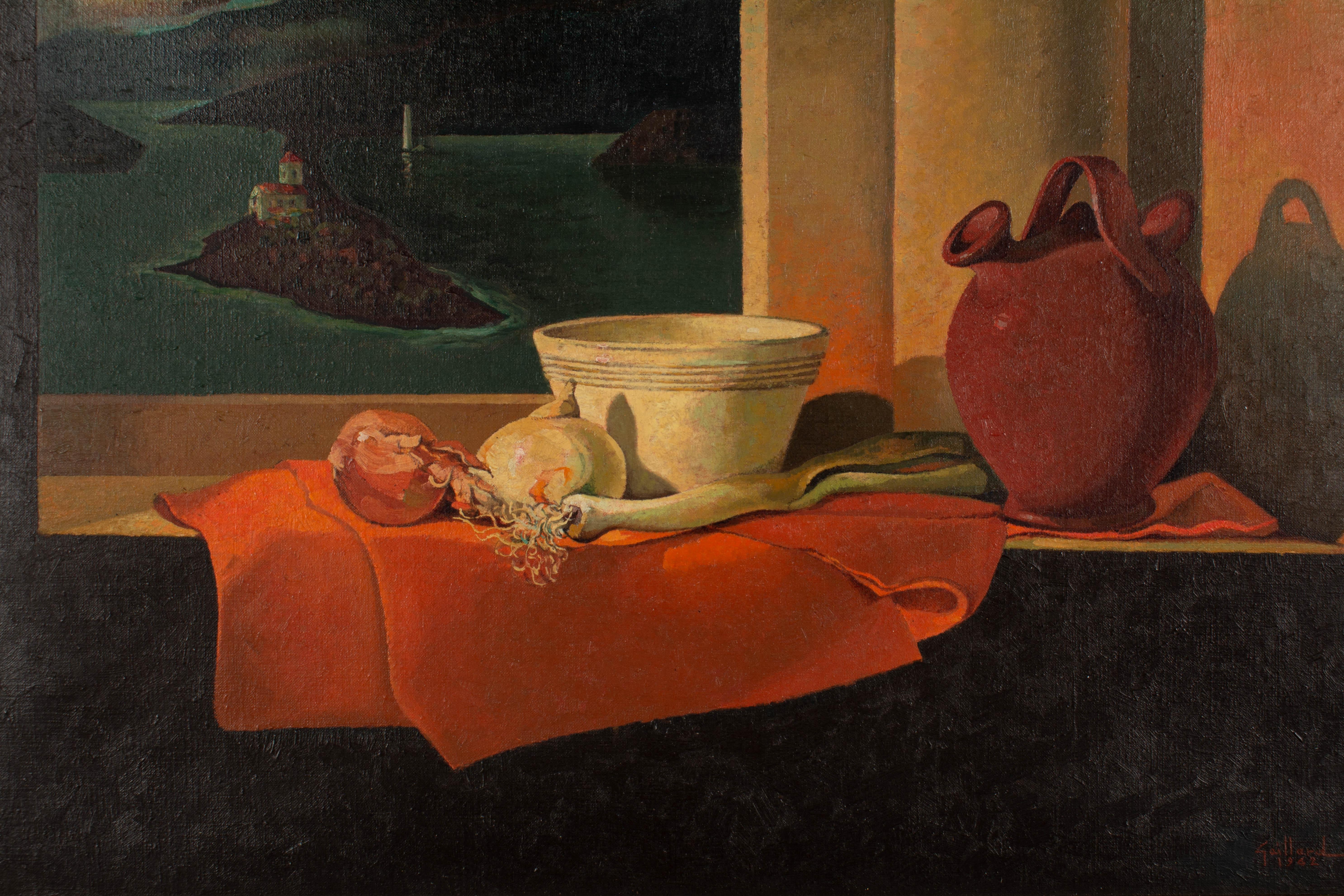 Untitled still life painting by French Realist artist Hubert Gaillard (1912-2003). Oil on canvas. Signed and dated lower right: Gaillard, 1962. Original frame shows light wear.
A richly colored still life depicting dramatically lit objects on a