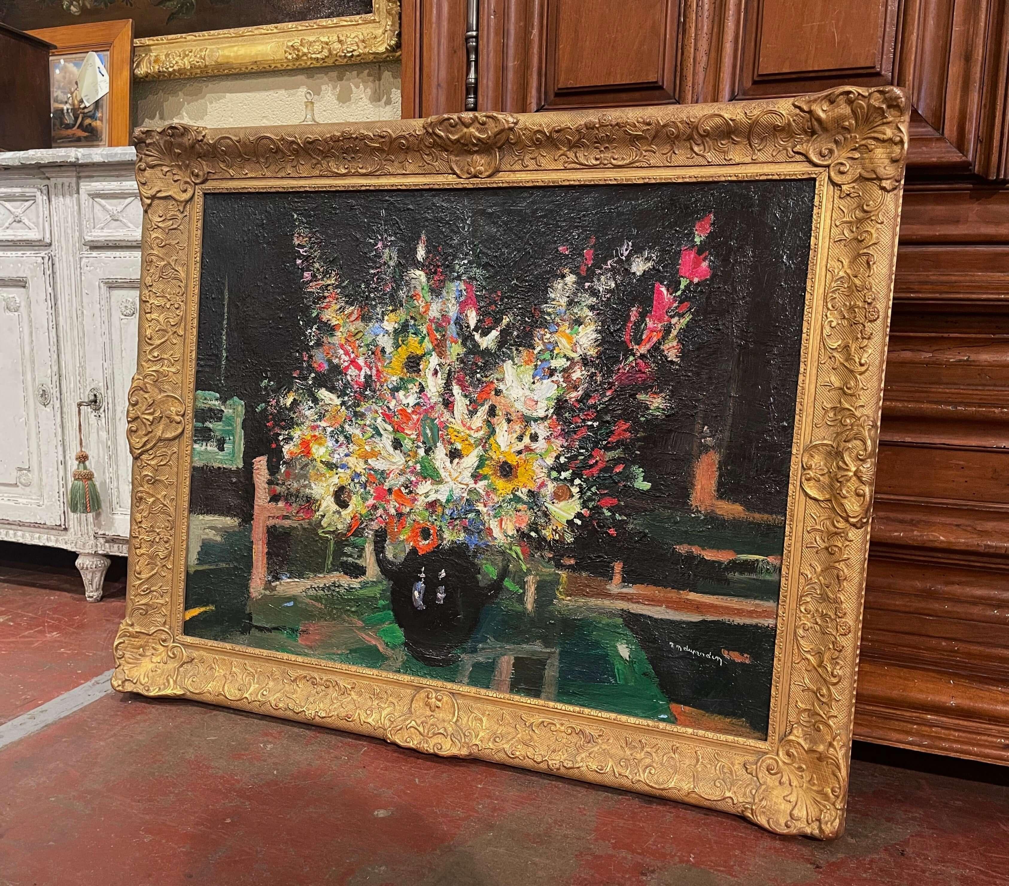 20th Century Mid-Century French Still Life Oil Painting in Carved Frame Signed Dujardin For Sale