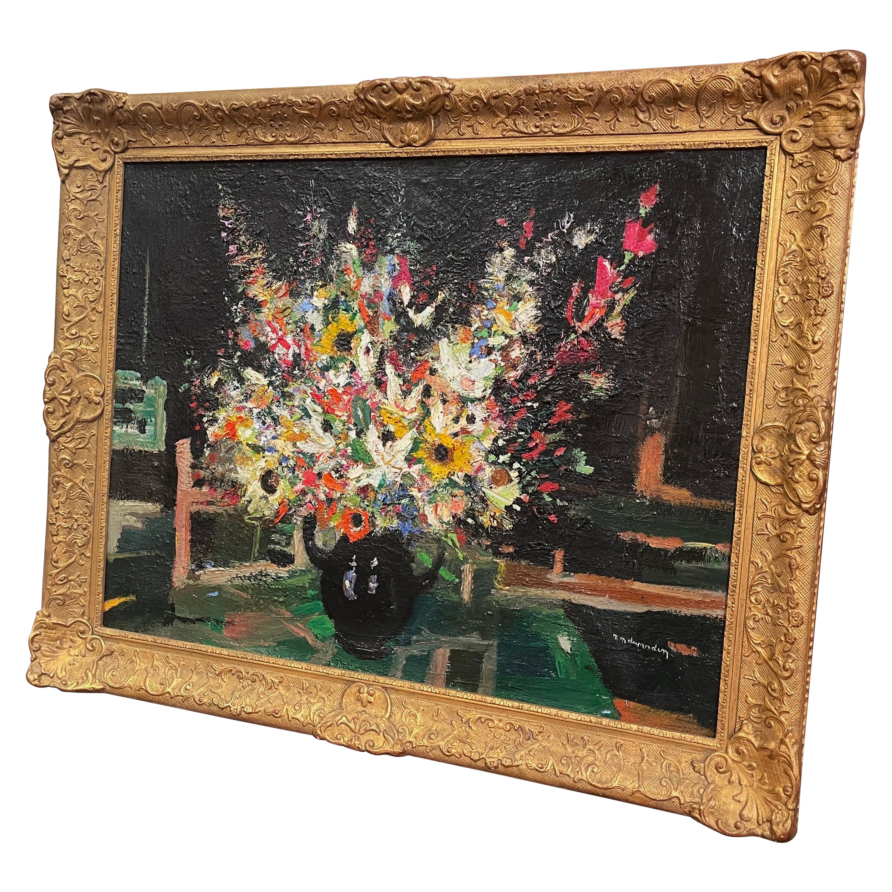 Nature morte à l'huile du milieu du siècle dans un cadre sculpté signée Dujardin en vente