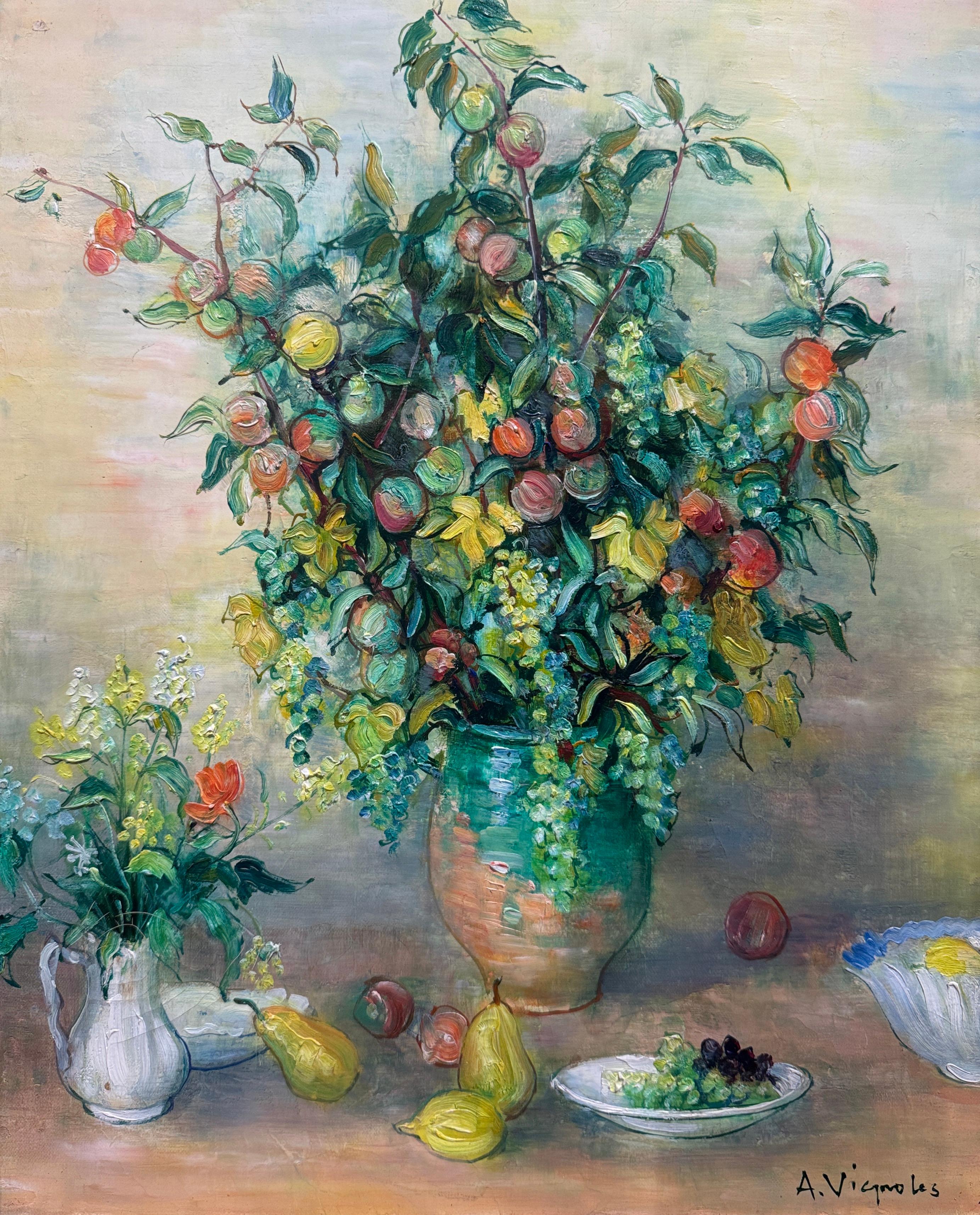 Mid-Century French Still Life Oil Painting in Gilt Frame Signed A. Vignoles In Excellent Condition For Sale In Dallas, TX