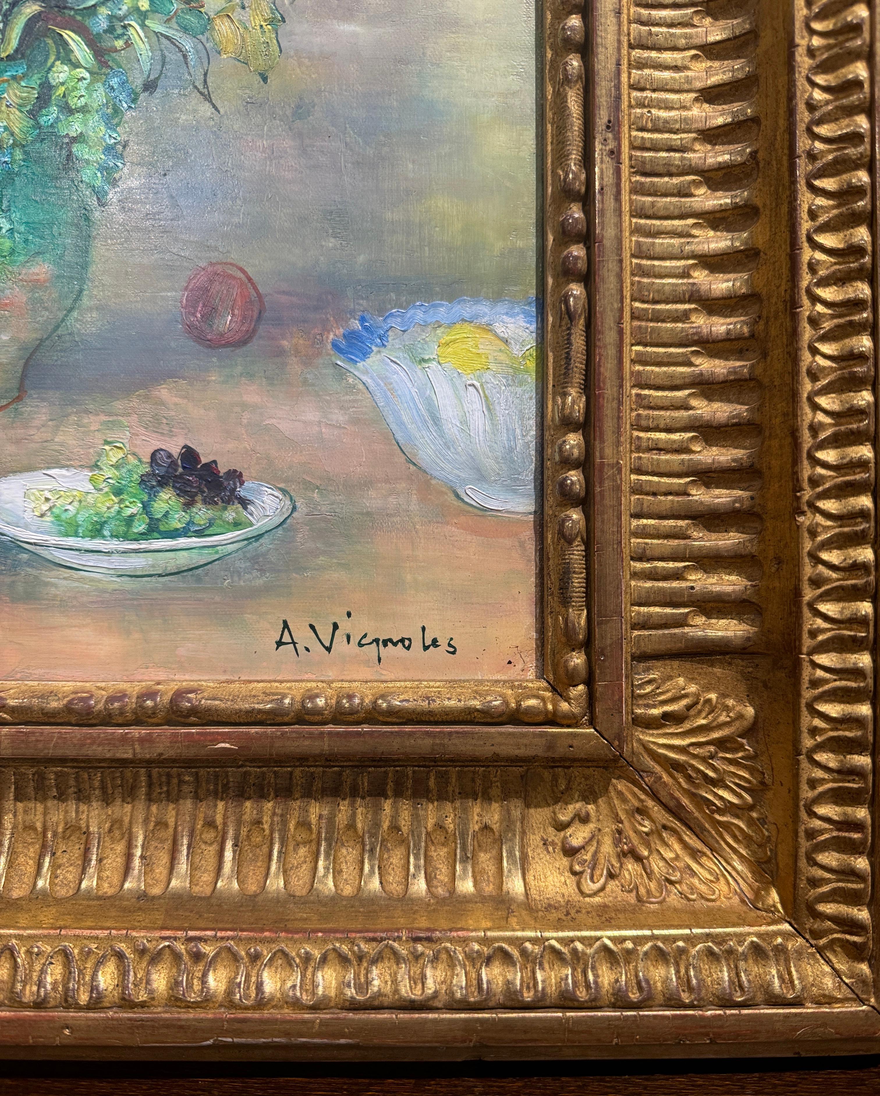 20th Century Mid-Century French Still Life Oil Painting in Gilt Frame Signed A. Vignoles For Sale