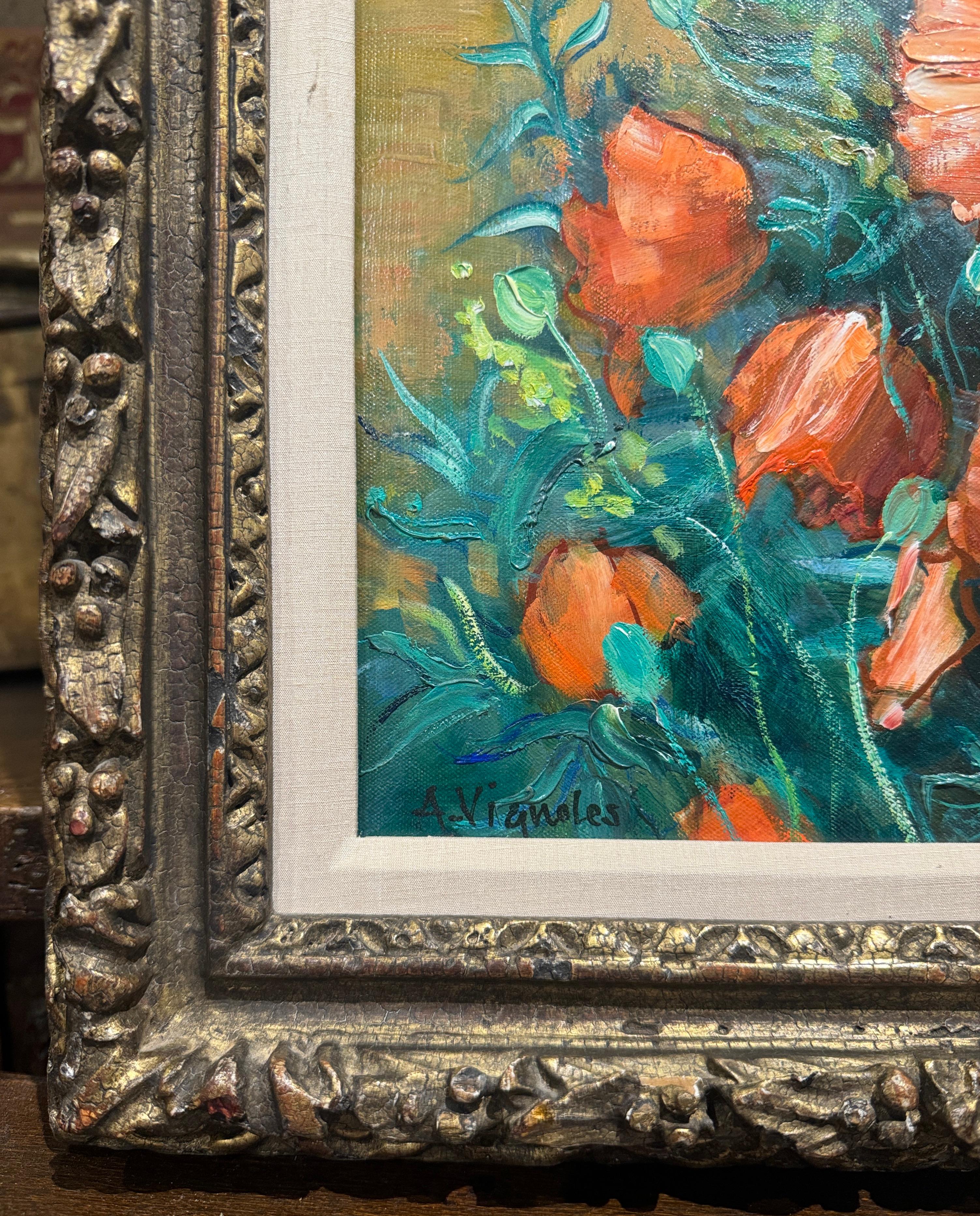 Mid-Century French Still Life Oil Painting in Gilt Frame Signed A. Vignoles In Excellent Condition For Sale In Dallas, TX