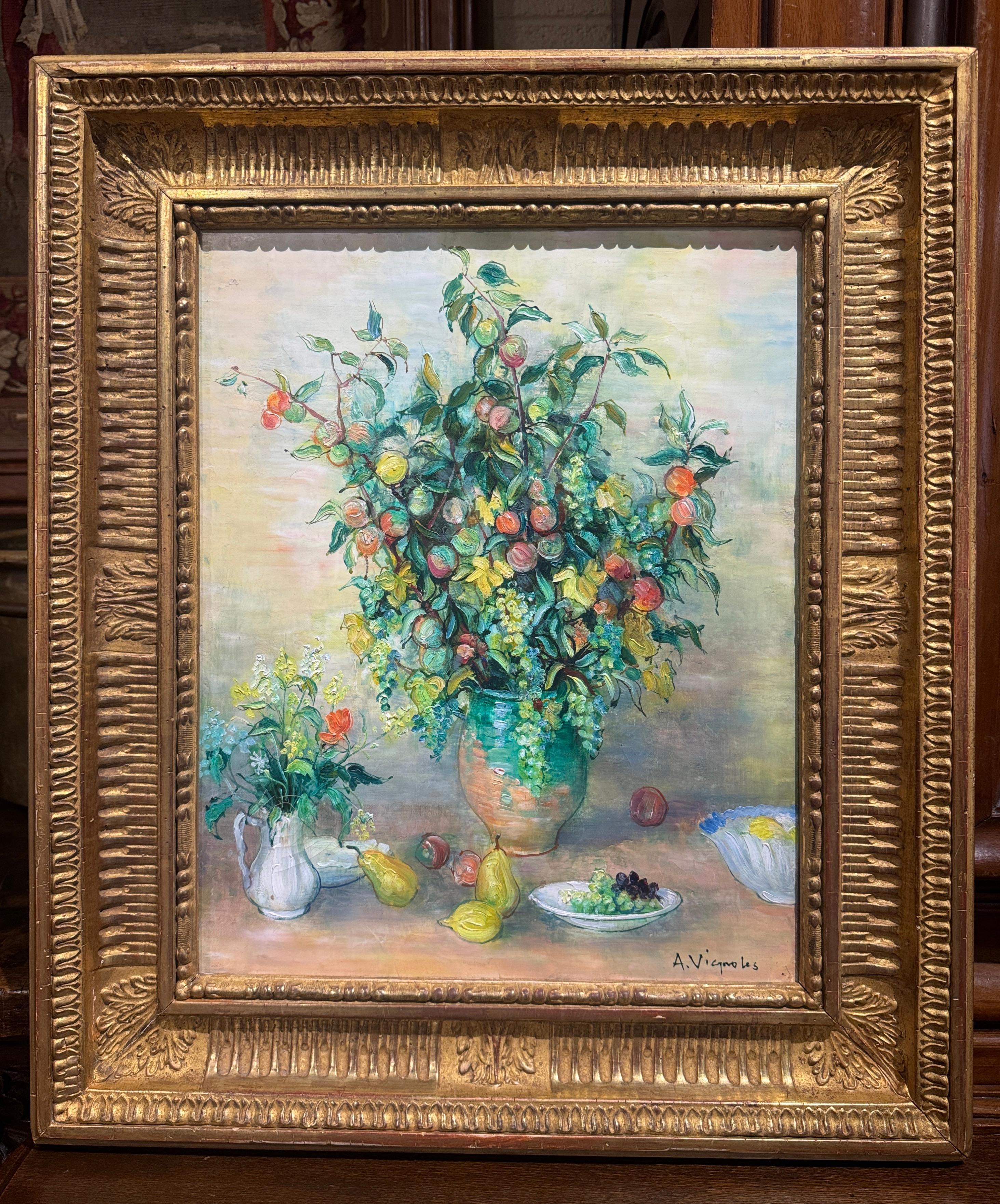 Canvas Mid-Century French Still Life Oil Painting in Gilt Frame Signed A. Vignoles For Sale