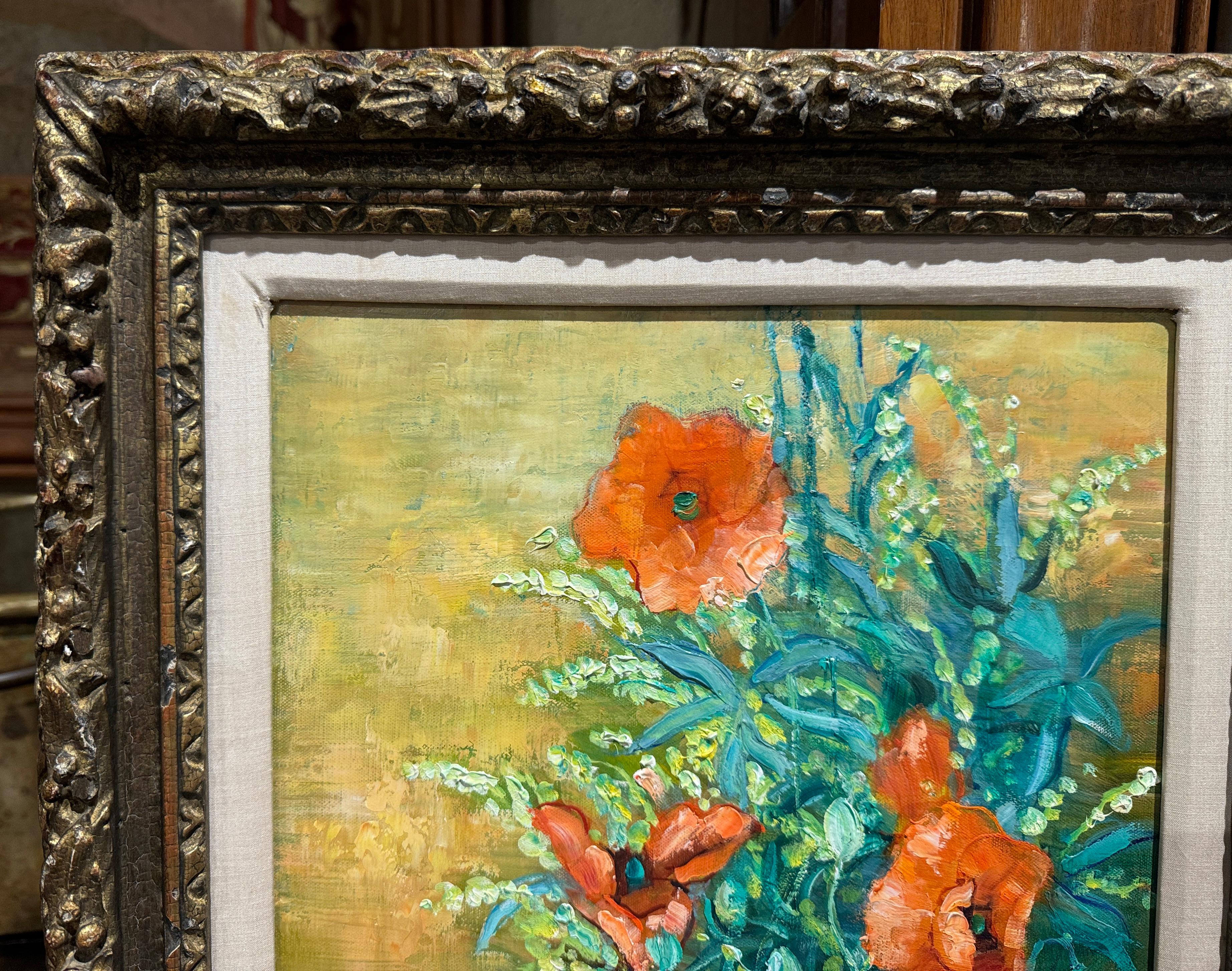 Canvas Mid-Century French Still Life Oil Painting in Gilt Frame Signed A. Vignoles For Sale