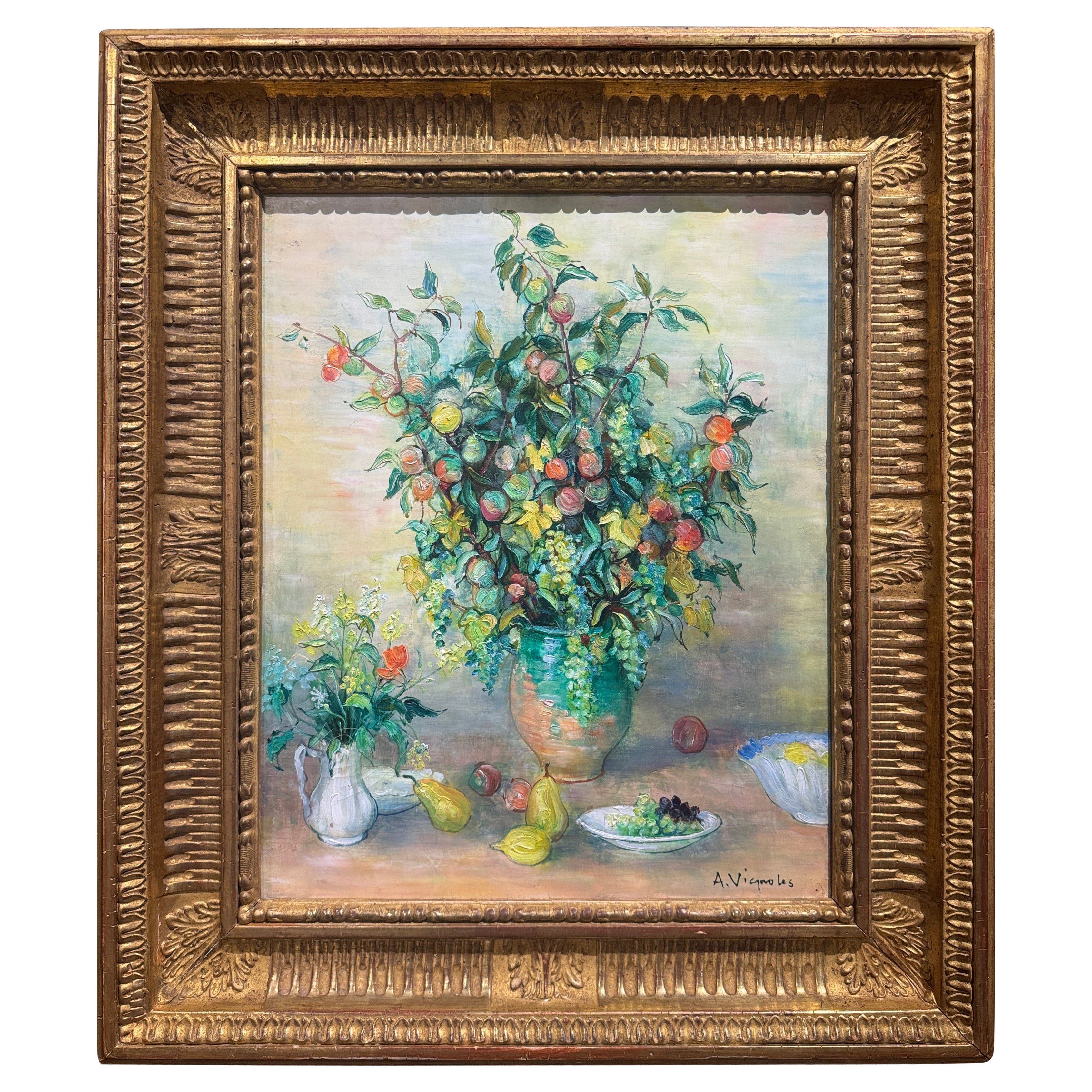 Pittura a olio su natura morta francese di metà secolo con cornice dorata firmata A. Vignoles