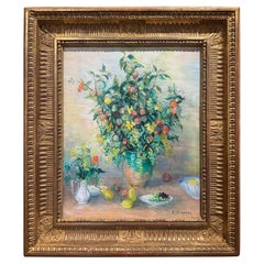 Nature morte à l'huile du milieu du siècle dans un cadre doré signée A. Vignoles