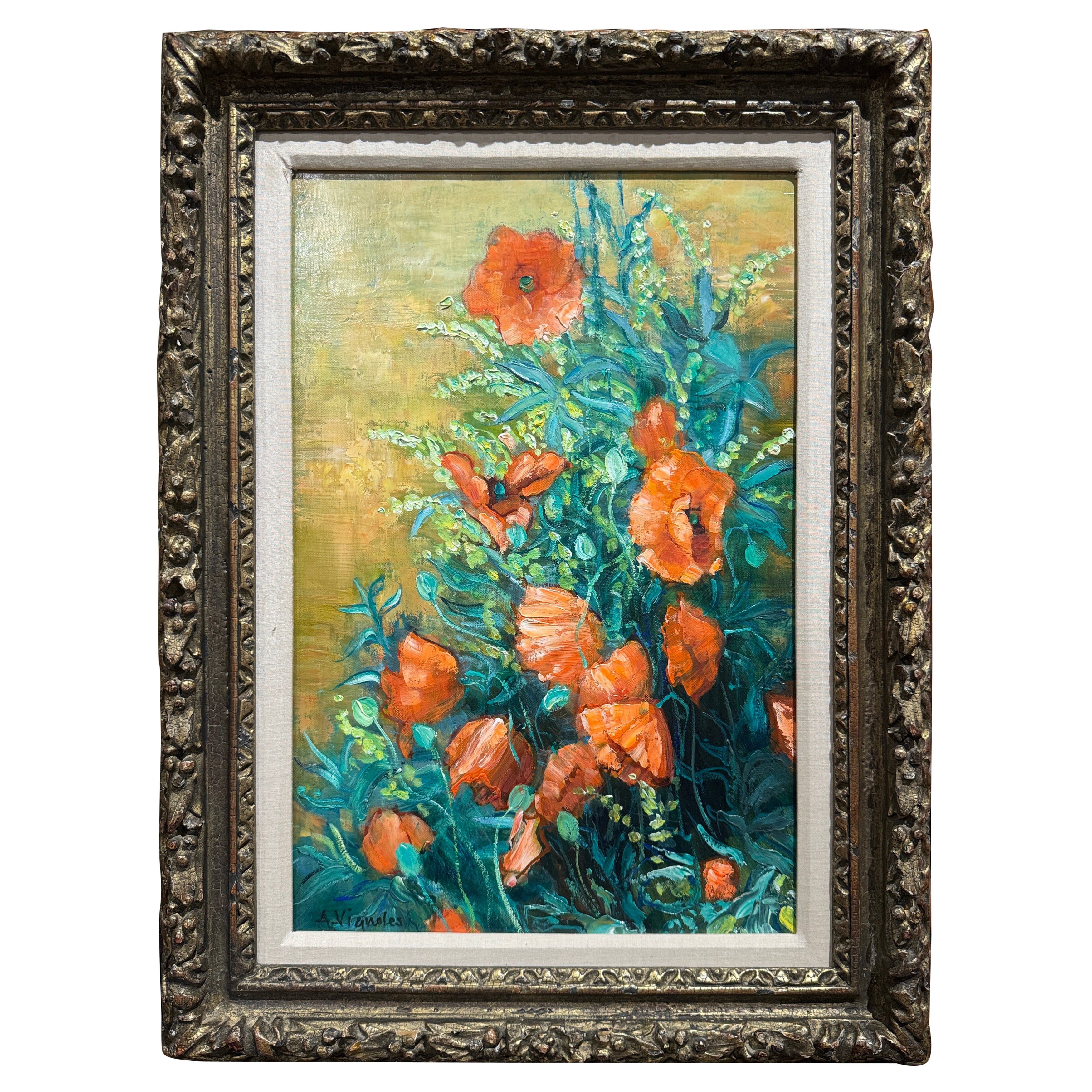 Pittura a olio su natura morta francese di metà secolo con cornice dorata firmata A. Vignoles in vendita