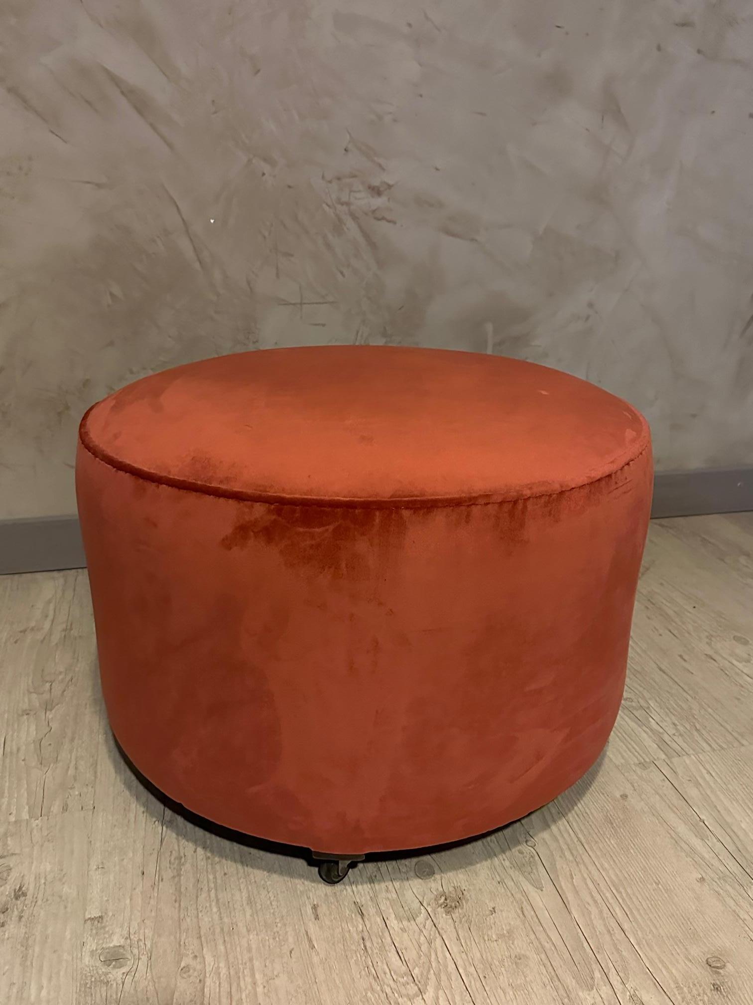 Round orange velvet rolling stool. Completely reupholstered by us. 
We are upholsterers and decorators. Very good quality of fabric and ideal shape.