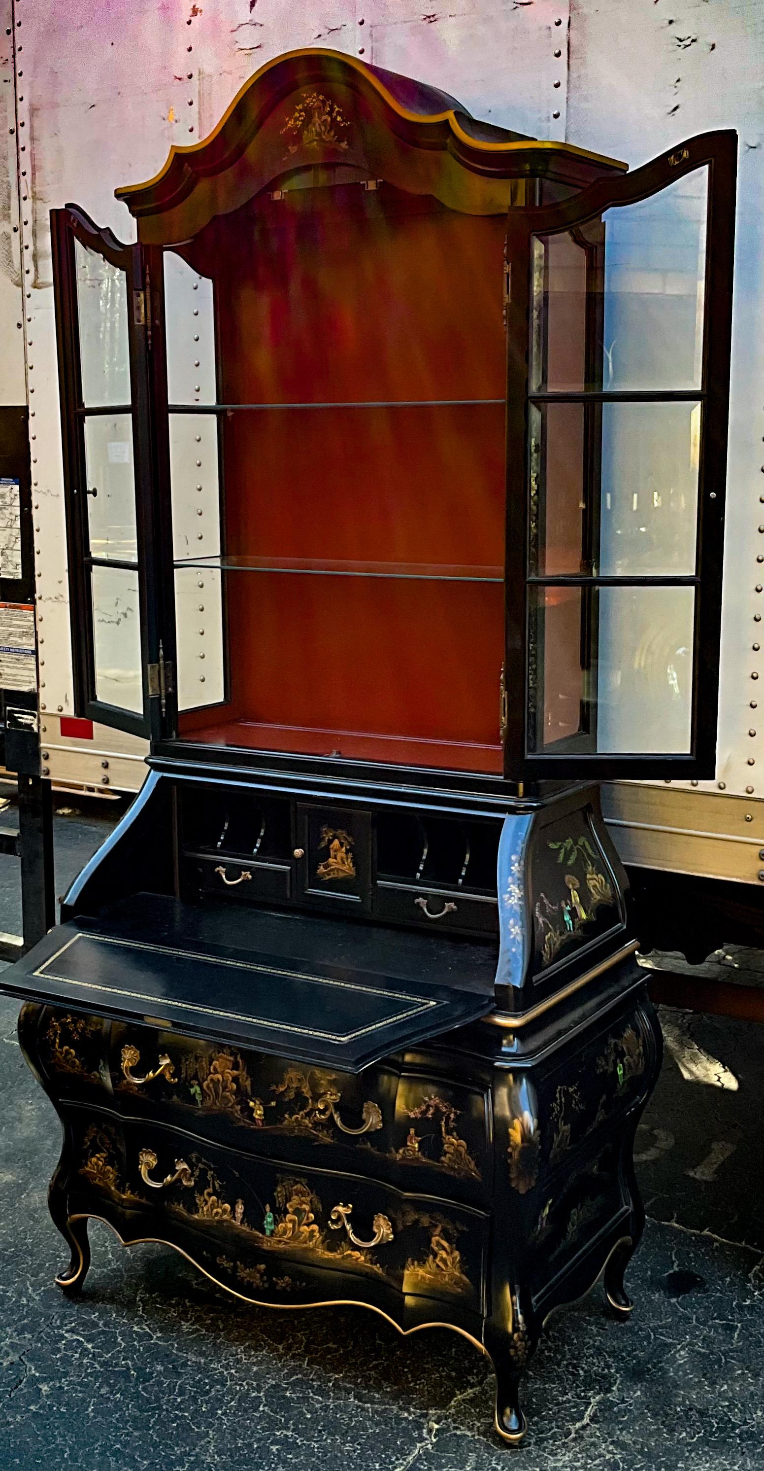 Chinoiserie-Sekretär-Schreibtisch/Schrank im französischen Stil der Mitte des Jahrhunderts, schwarzer Lack  (amerikanisch) im Angebot
