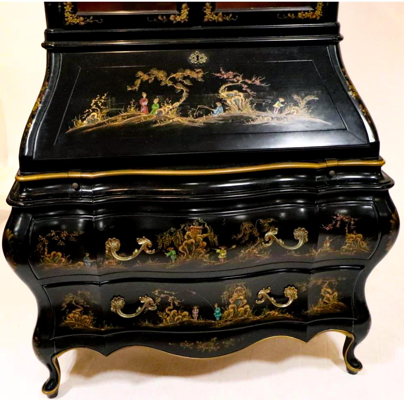 Midcentury French Style Black Lacquer Chinoiserie Secretary Desk / Cabinet In Good Condition For Sale In Kennesaw, GA