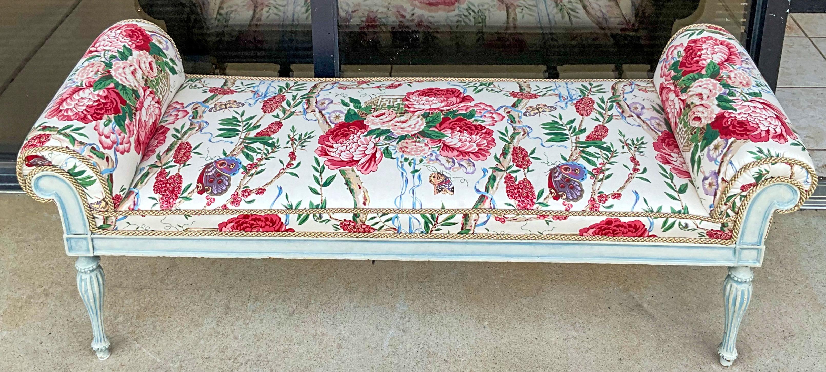 Mid-Century French Style Blue & White Painted Floral Chintz Upholstered Bench In Good Condition In Kennesaw, GA