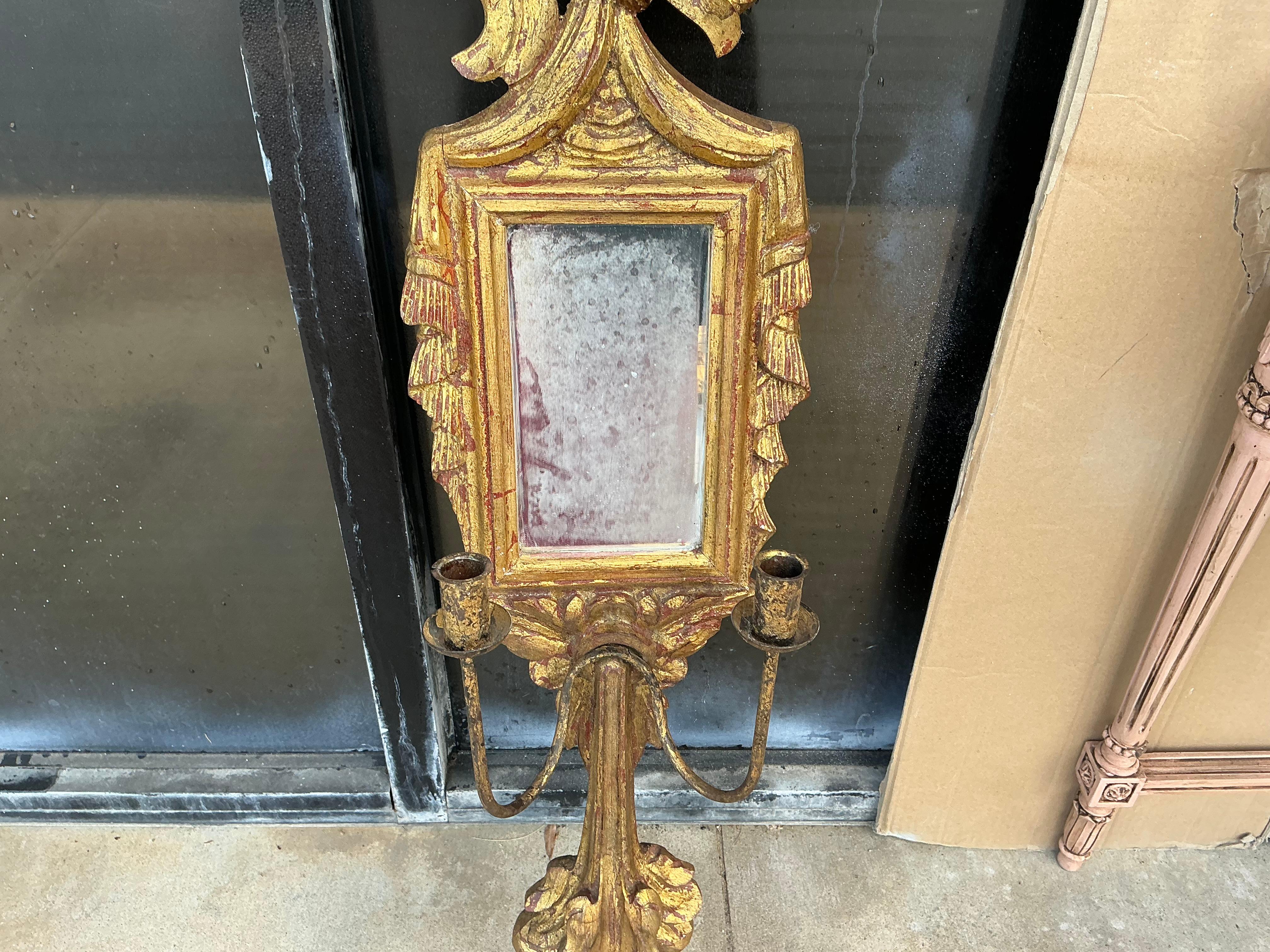 Louis XVI Mid-Century French Style Carved Giltwood Sconce W/ Mirror - 46 Inches For Sale