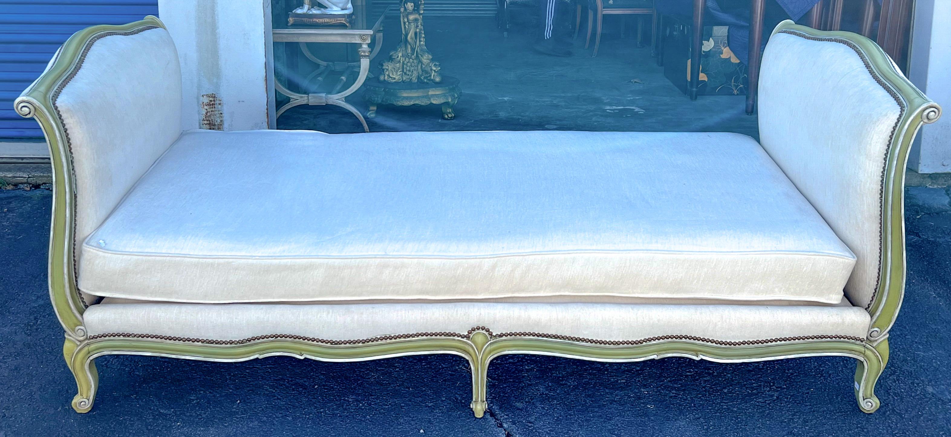 MidCentury French Style Carved Green Painted Daybed / Chaise For Sale