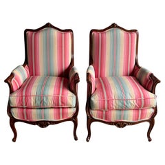Mid-Century French Style Carved Mahogany Arm Chairs W/ Down Cushions - Pair