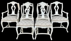 Mid-Century French Style Carved & Painted Dining Chairs Embroidered Linen - S/6