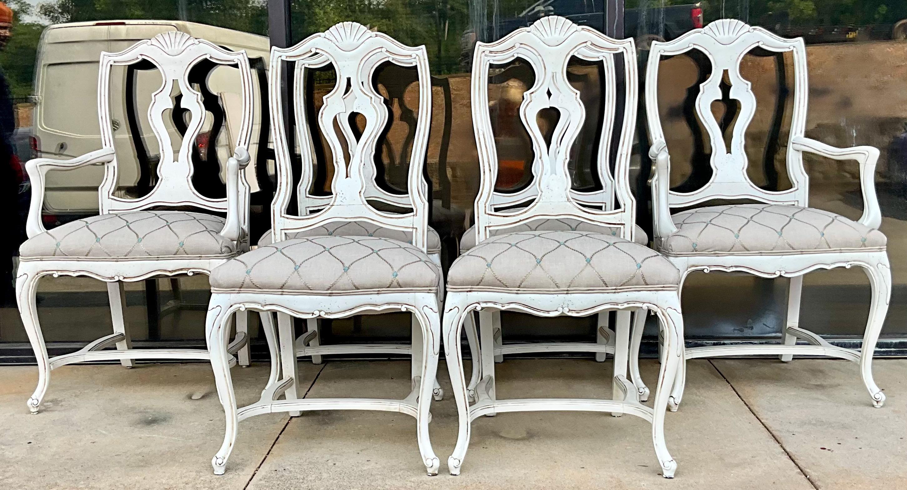 French Provincial Mid-Century French Style Carved & Painted Dining Chairs Embroidered Linen - S/6 For Sale
