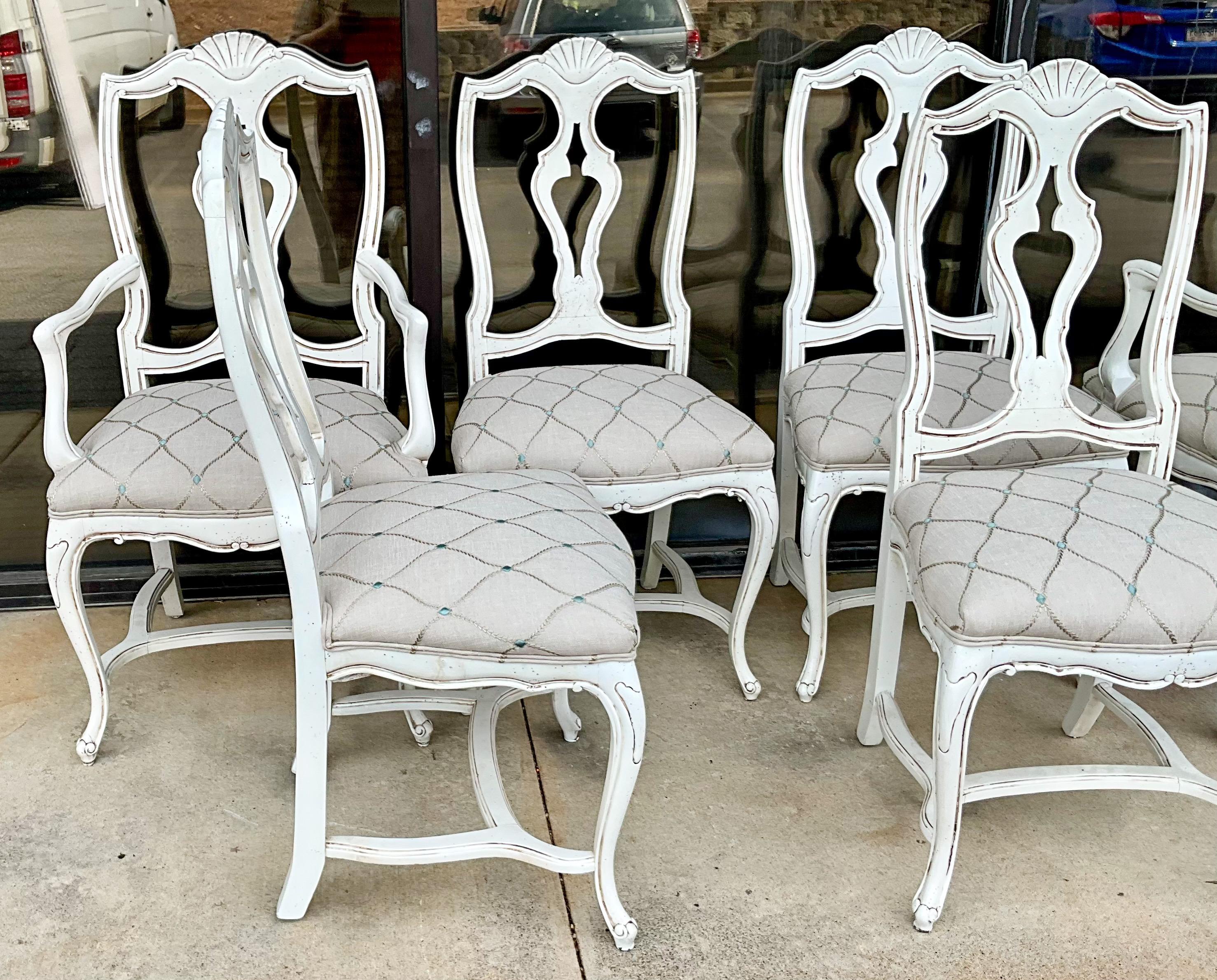 20th Century Mid-Century French Style Carved & Painted Dining Chairs Embroidered Linen - S/6 For Sale