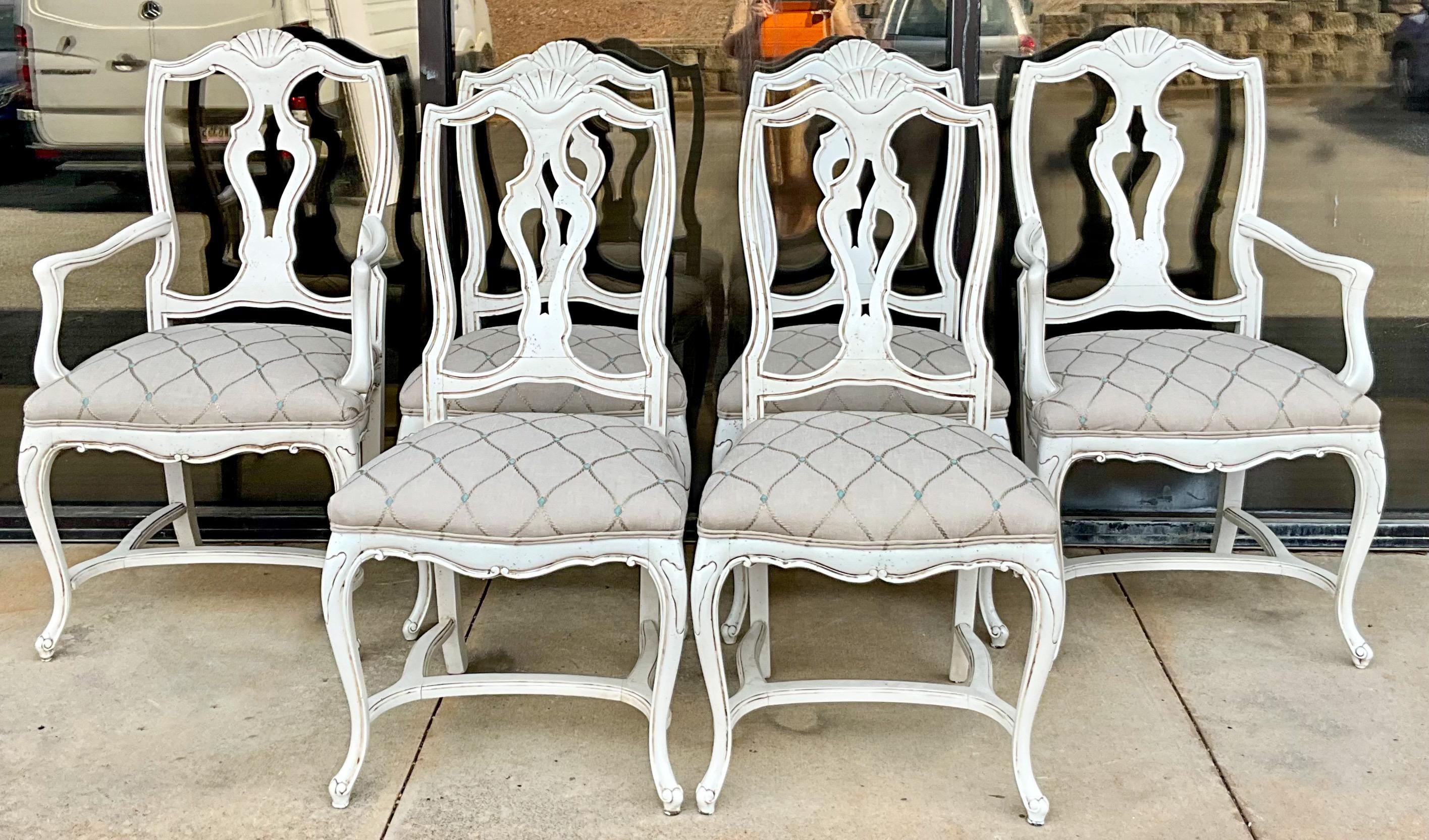 Upholstery Mid-Century French Style Carved & Painted Dining Chairs Embroidered Linen - S/6 For Sale