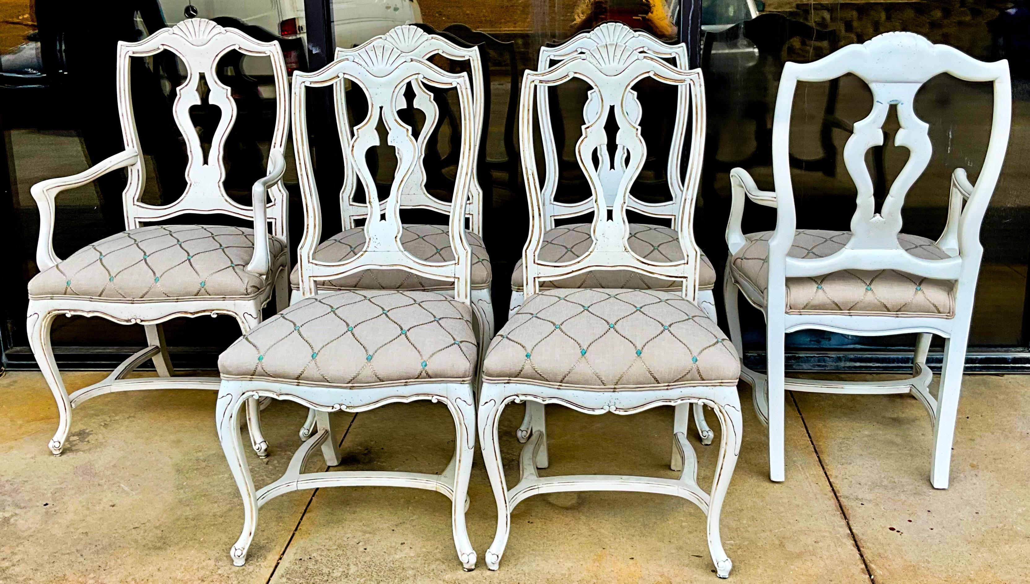 Mid-Century French Style Carved & Painted Dining Chairs Embroidered Linen - S/6 For Sale 1