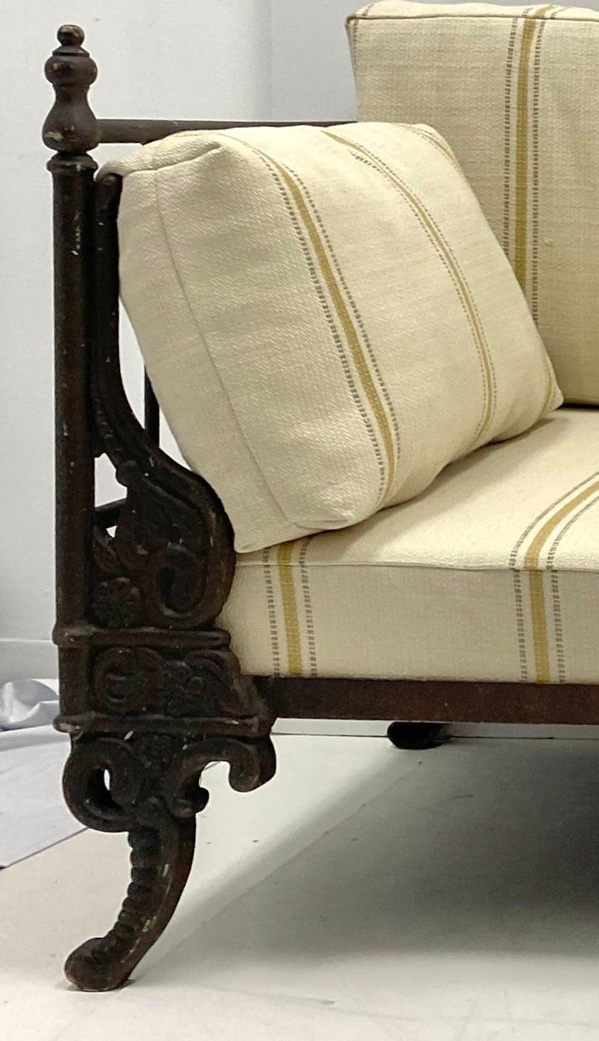American Mid-Century French Style Cast Metal Daybed / Sofa In Striped Swedish Linen