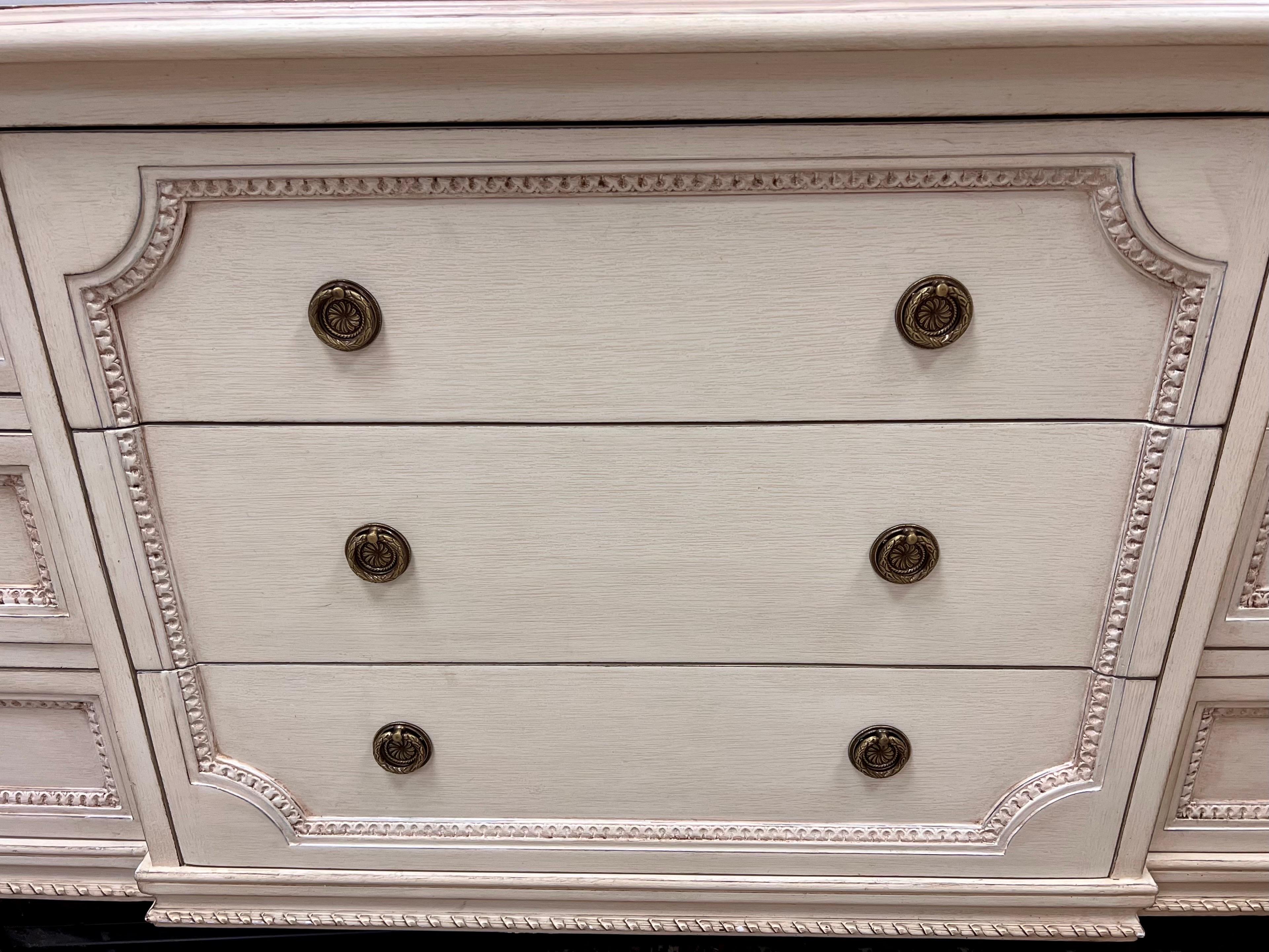 French Style Cream Distressed Carved Dresser Chest by Louis J. Solomon In Good Condition In West Hartford, CT