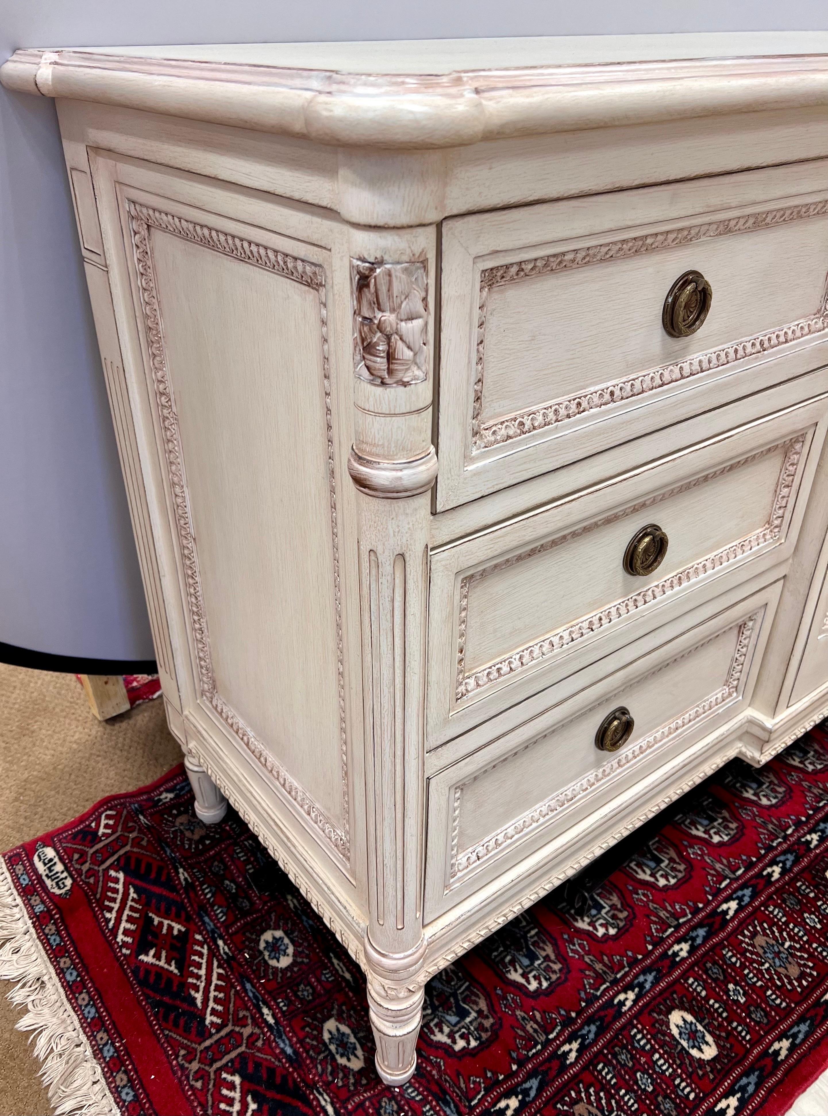 French Style Cream Distressed Carved Dresser Chest by Louis J. Solomon 1