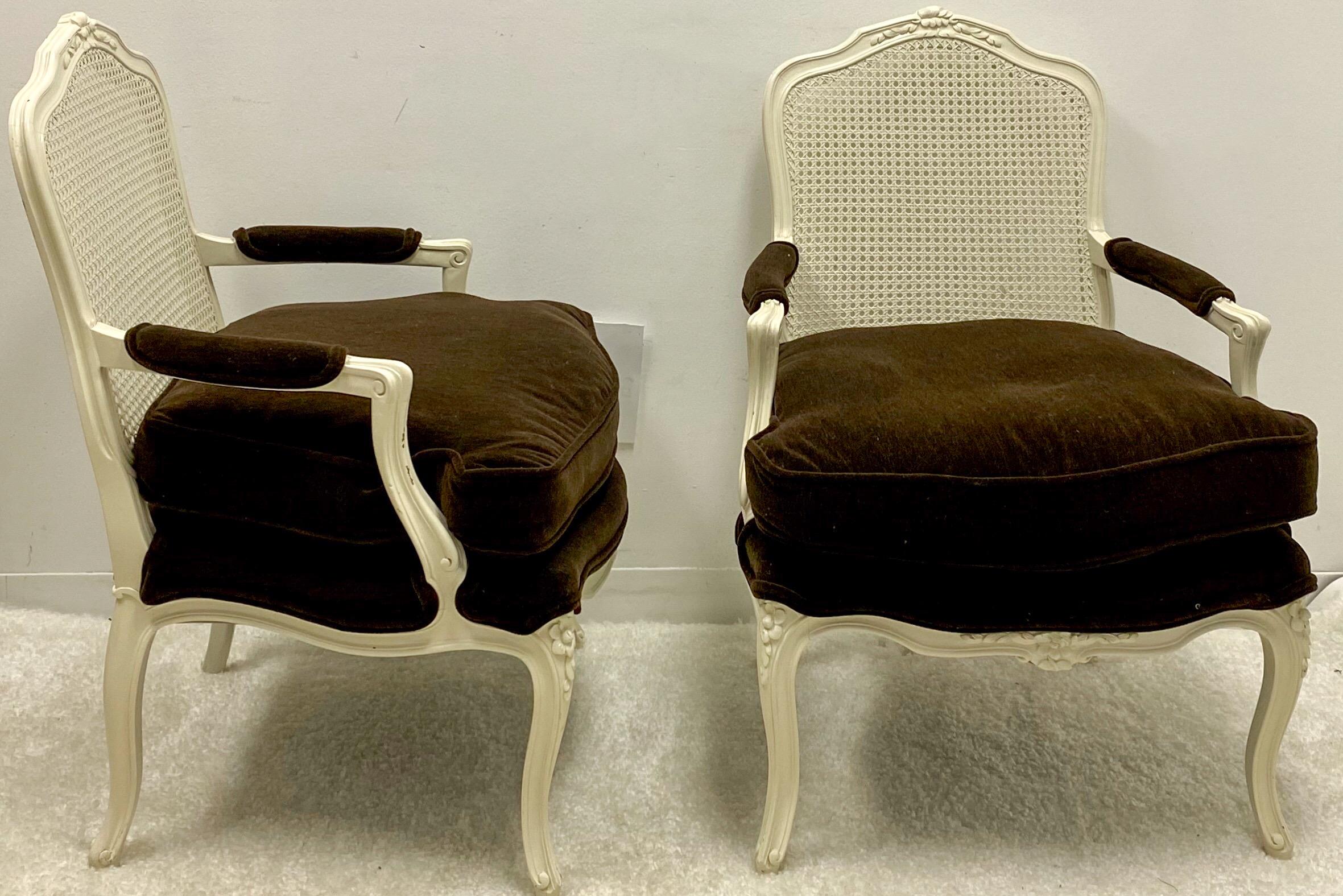 Louis XVI Mid-Century French Style Painted Bergere Chairs in Brown Mohair