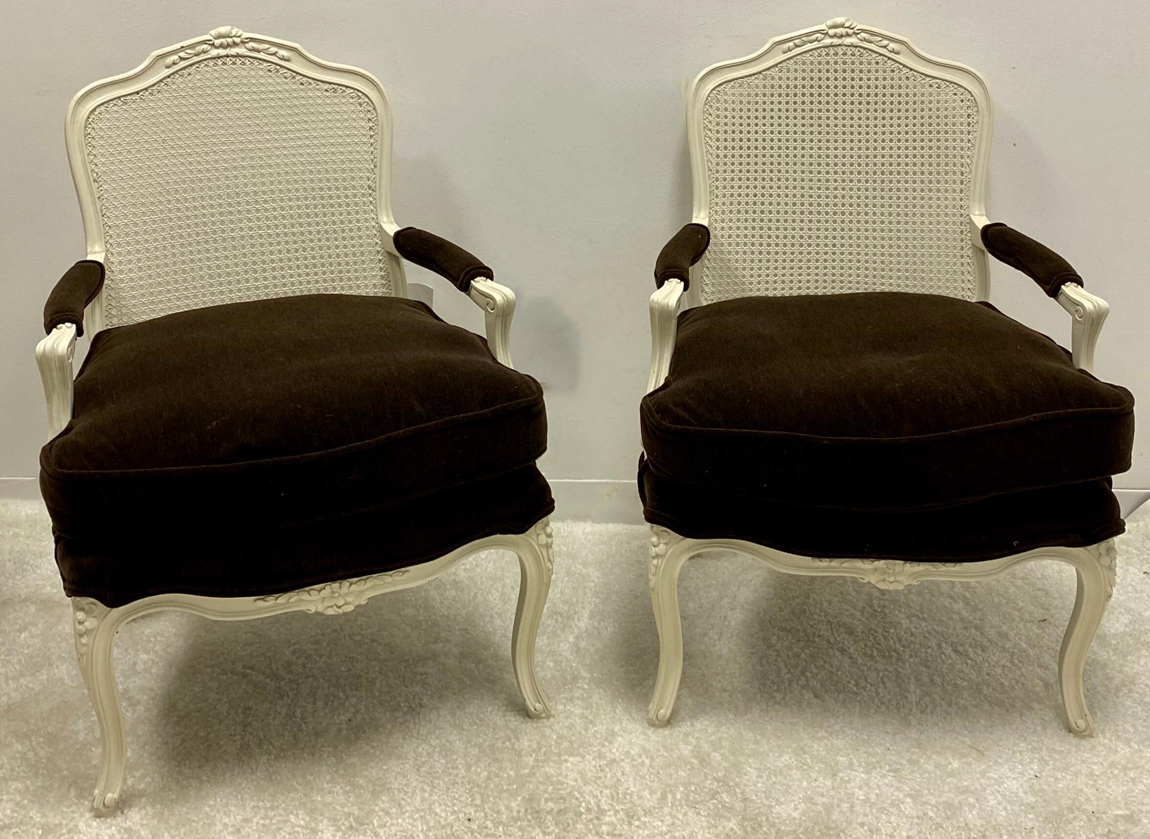 American Mid-Century French Style Painted Bergere Chairs in Brown Mohair