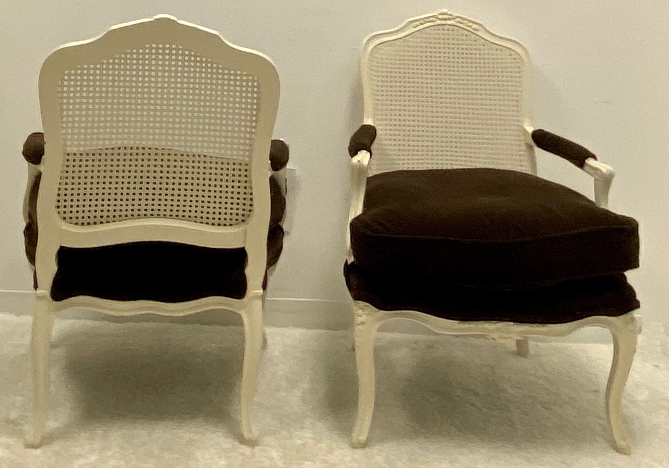 Mid-Century French Style Painted Bergere Chairs in Brown Mohair In Good Condition In Kennesaw, GA