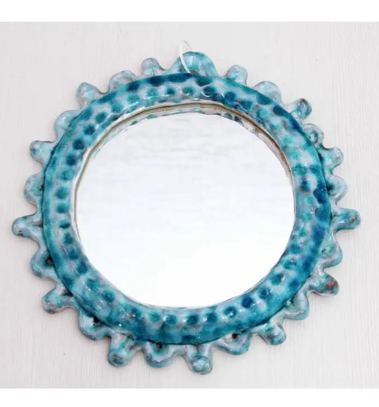 Mid-Century Modern Mid-century French Sunburst Turquoise Ceramic Mirror For Sale