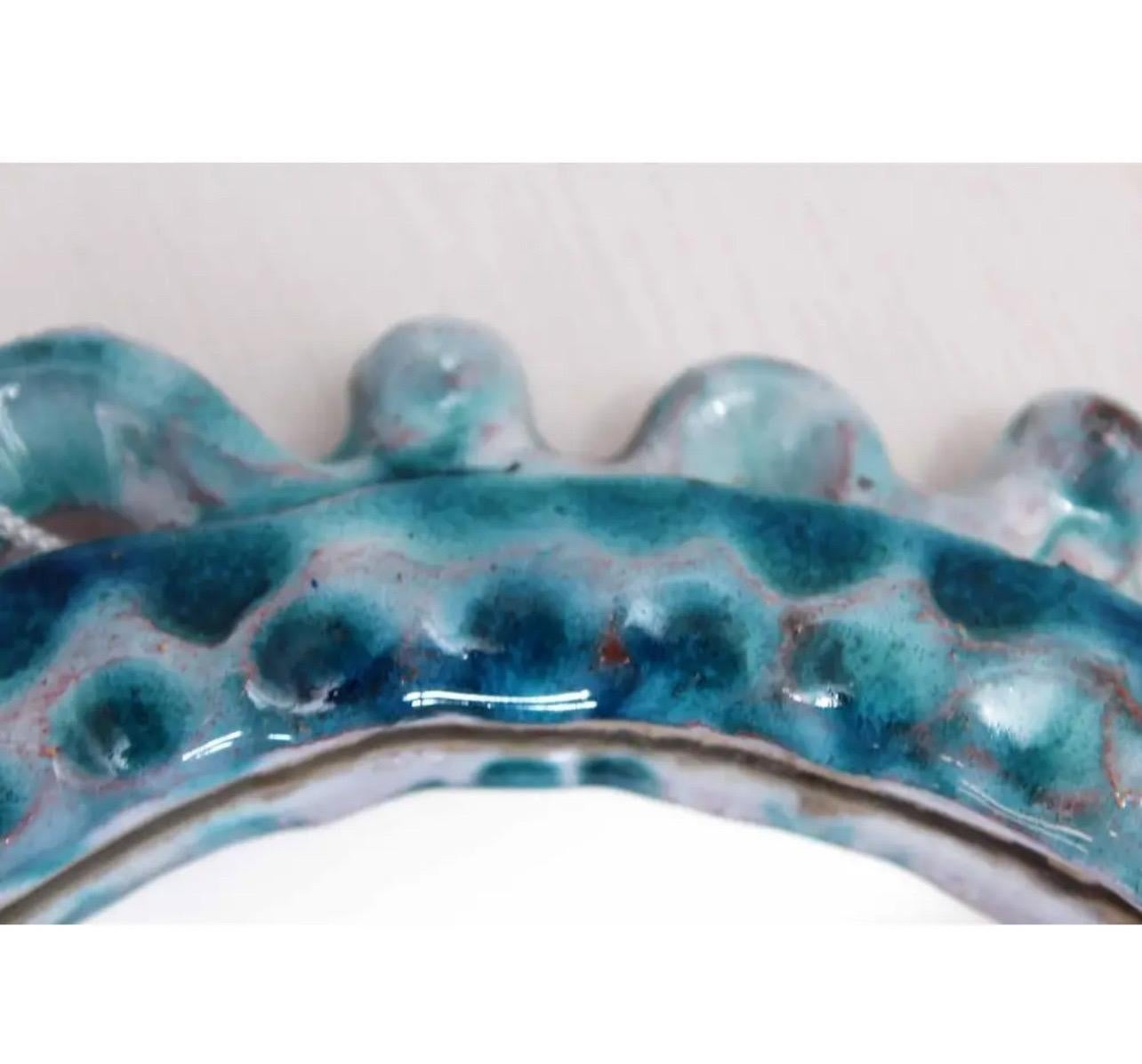 Mid-century French Sunburst Turquoise Ceramic Mirror In Good Condition For Sale In Stamford, CT